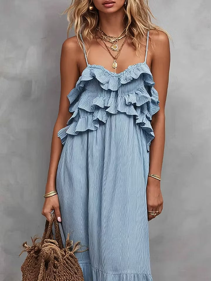 Women’s Light Blue Casual Cotton-Linen Blend Round Neck Sleeveless Regular Maxi Dress with Ruffle Detail