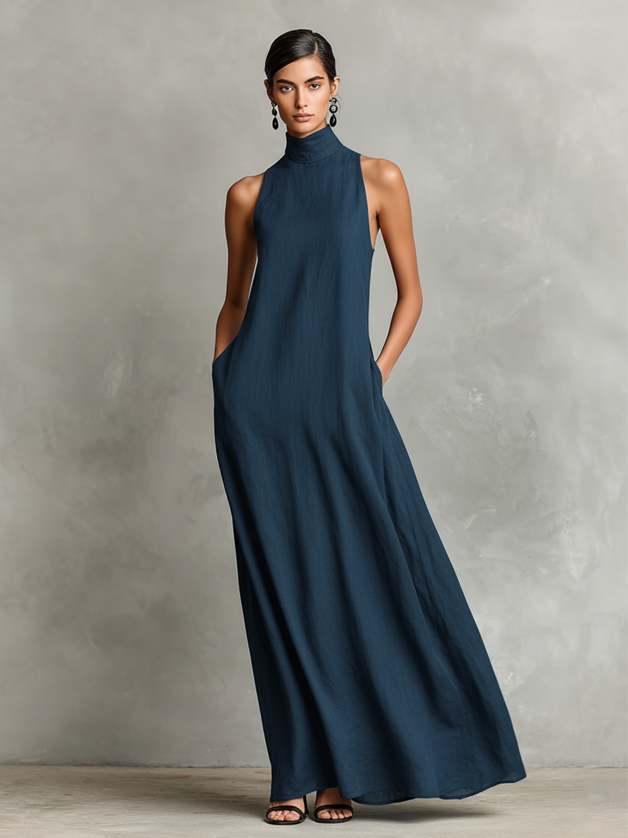 Women’s Black Burgundy and Blue Minimalist Linen-Blend High-Neck Sleeveless Relaxed Maxi Daily Dress