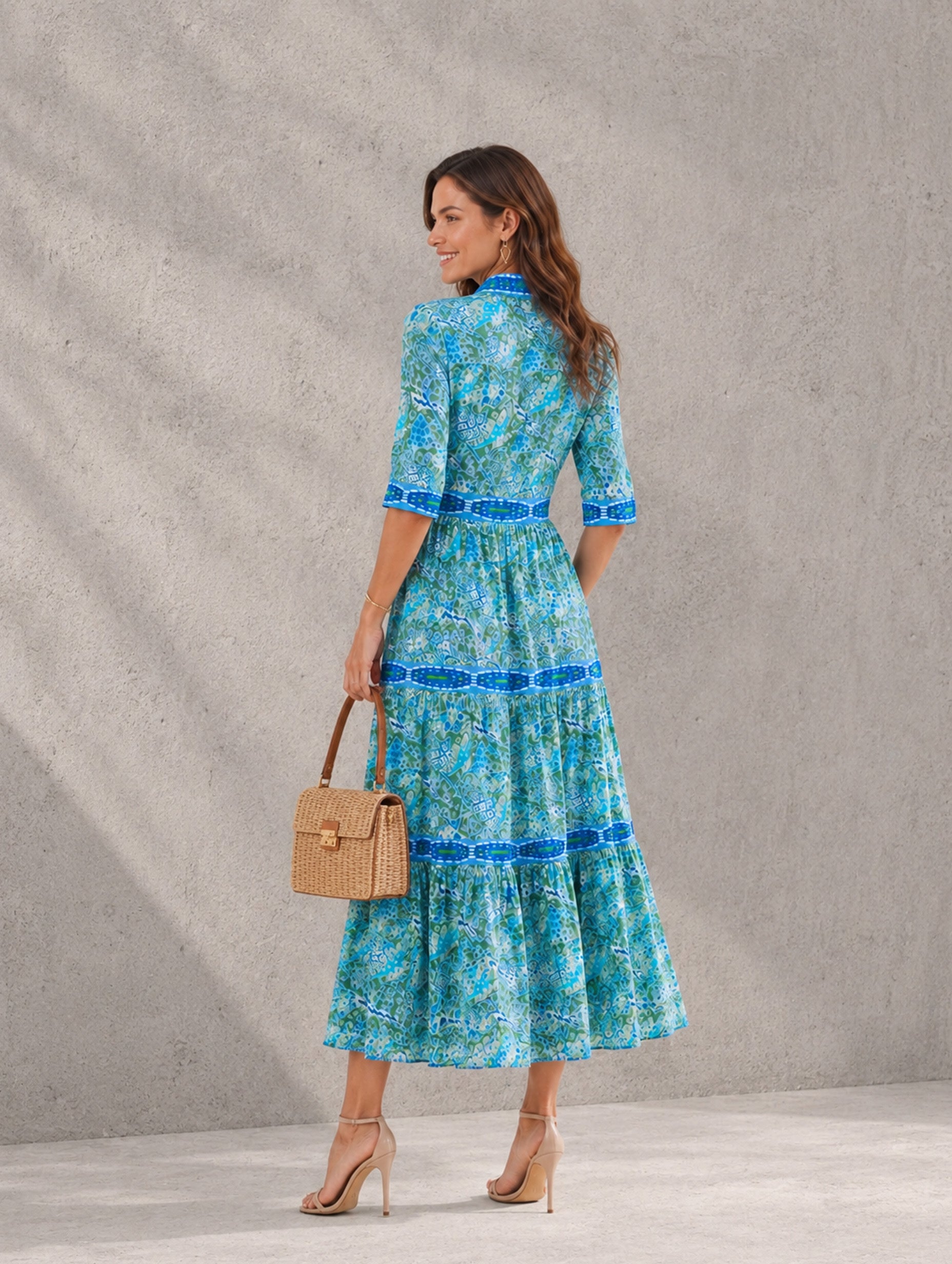 Women’s Blue Green Elegant Mandarin Neck 3/4 Sleeve Regular Maxi Dress with Botanical Print and Pockets