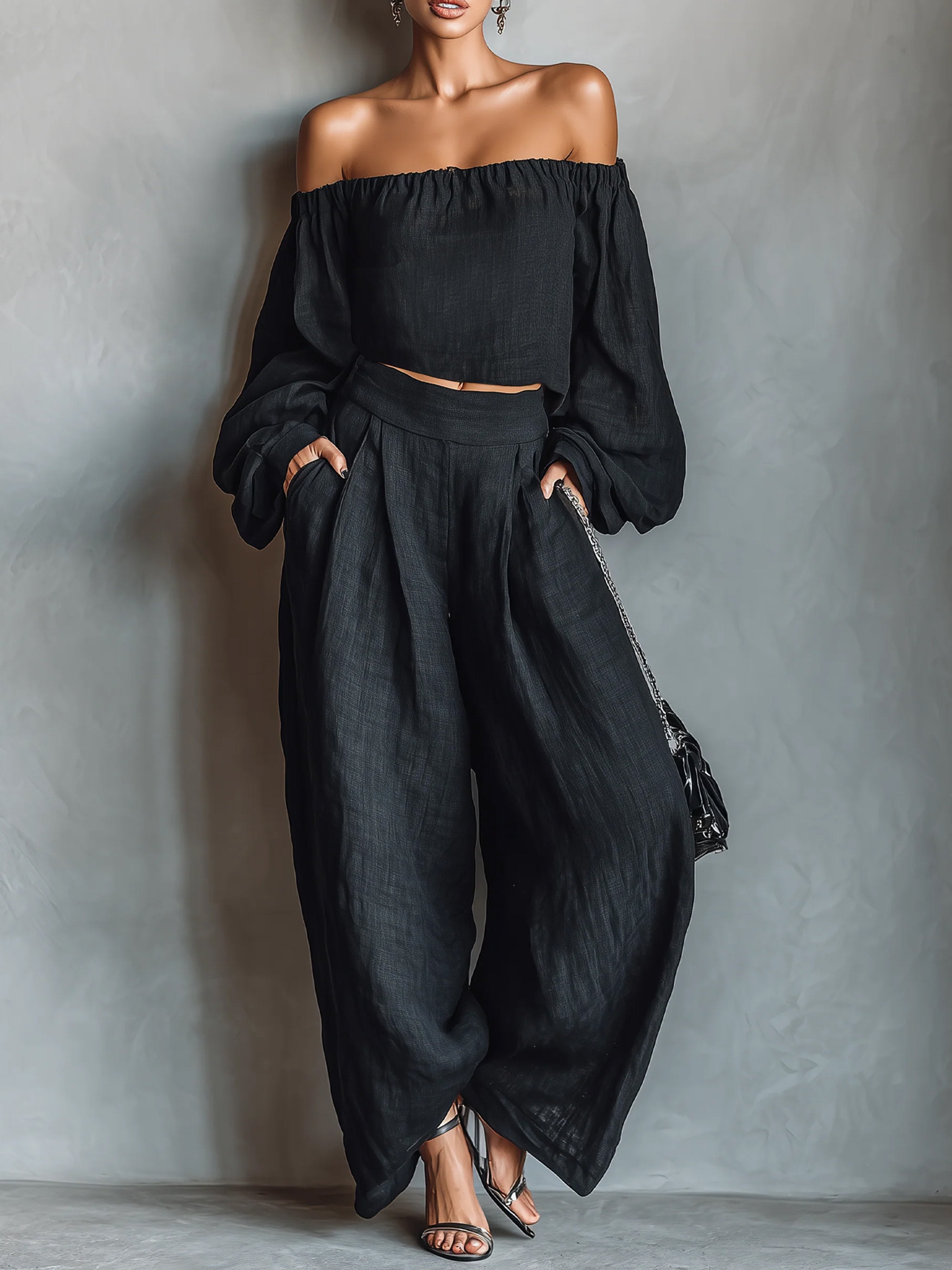 Women’s Black Casual Cotton-Linen Off-Shoulder Gathered Balloon Sleeve Blouse & Wide-Leg Pants Set