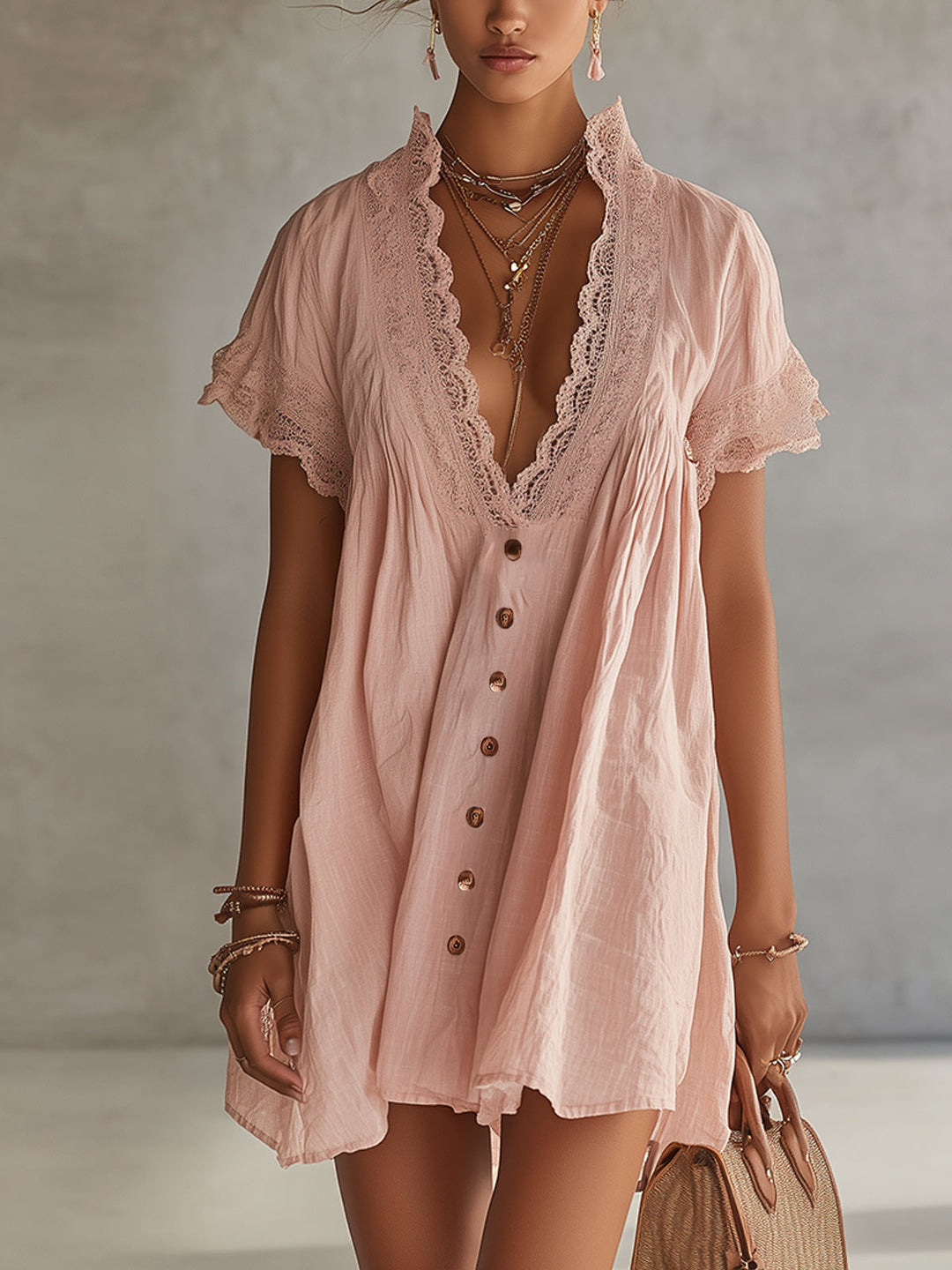 Women’s Blush Pink Romantic Cotton Blend Deep V-Neck Short Sleeve Relaxed Mini Dress with Lace Trim