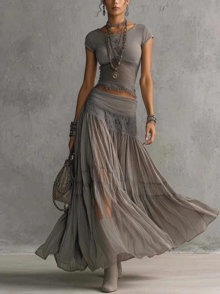 Women’s Gray Boho Sheer Textured Round Neck Cap Sleeve Two-Piece Flowing Maxi Dress