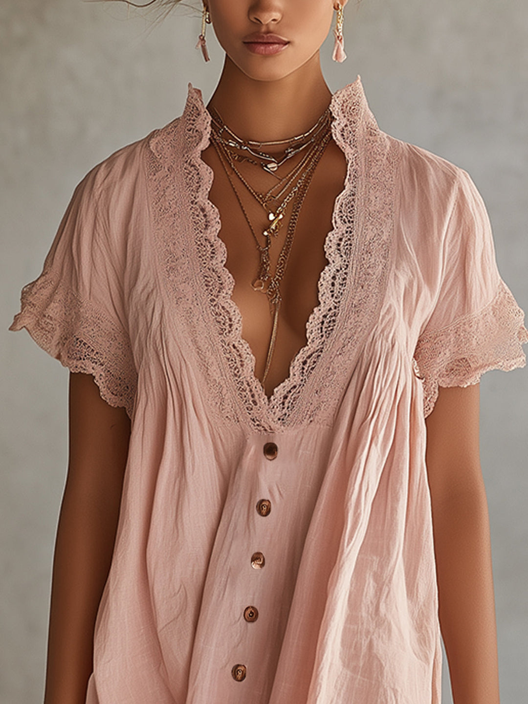 Women’s Blush Pink Romantic Cotton Blend Deep V-Neck Short Sleeve Relaxed Mini Dress with Lace Trim