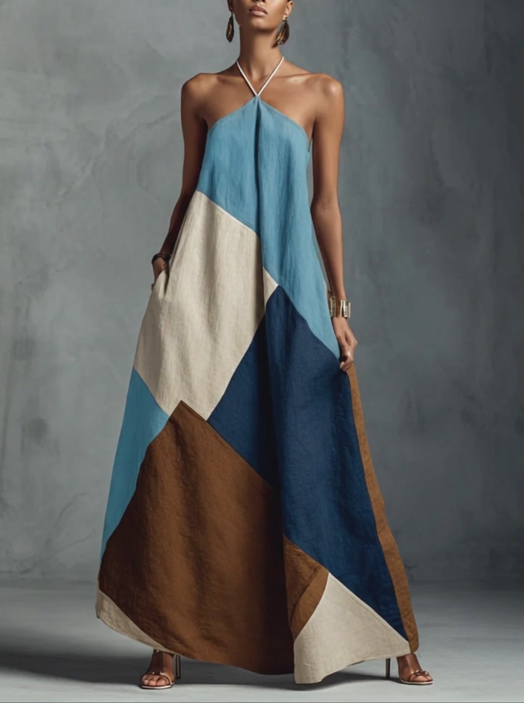 Women’s Beige Blue and Brown Bohemian Cotton-Linen Blend Halter Sleeveless Relaxed Maxi Dress