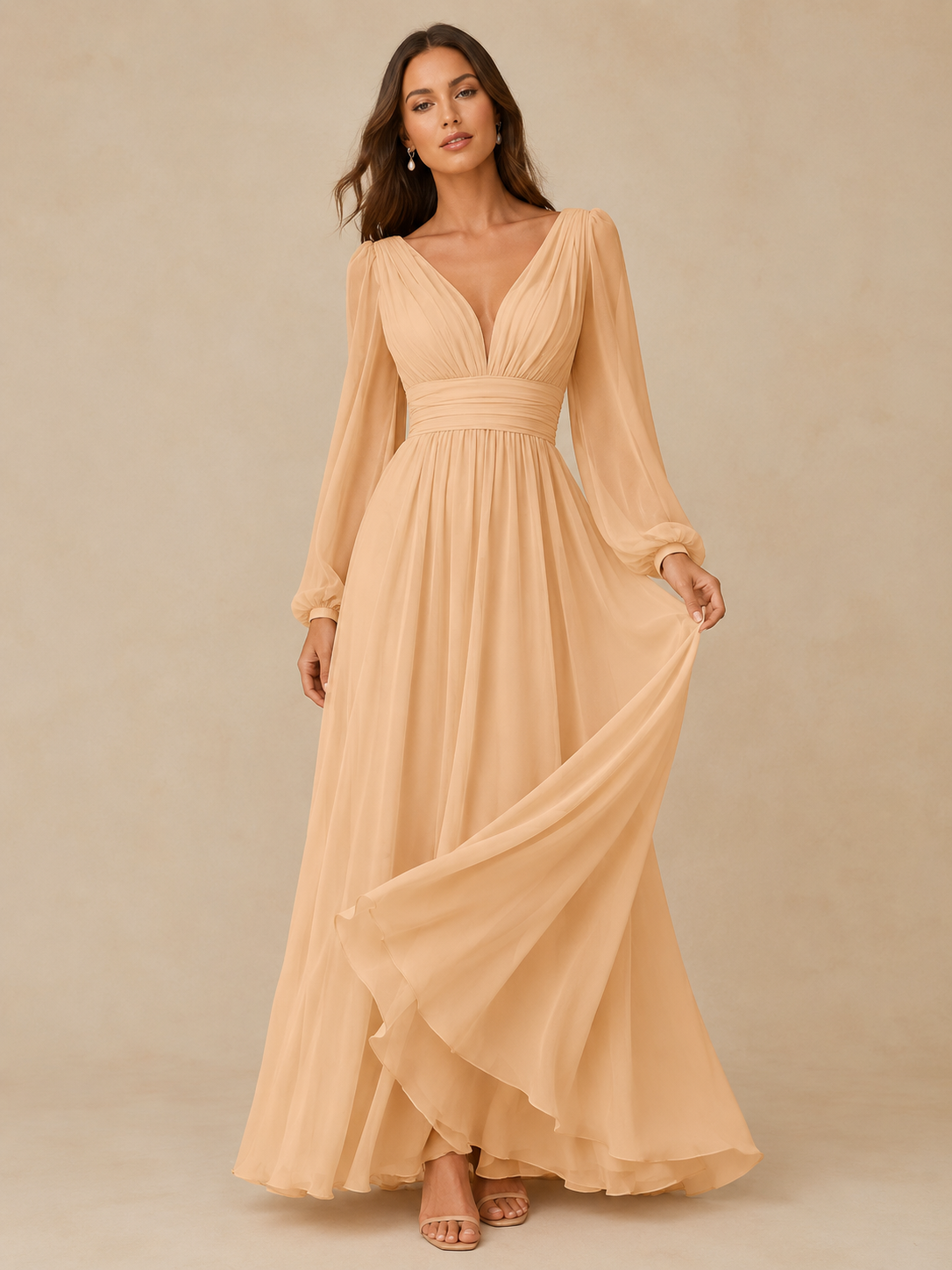 Vestido de Invitada de Boda de Chifón Elegante en Azul Marino con Escote en V y Manga Larga Regular de Largo hasta el Suelo con Detalle Plisado para Mujeres
