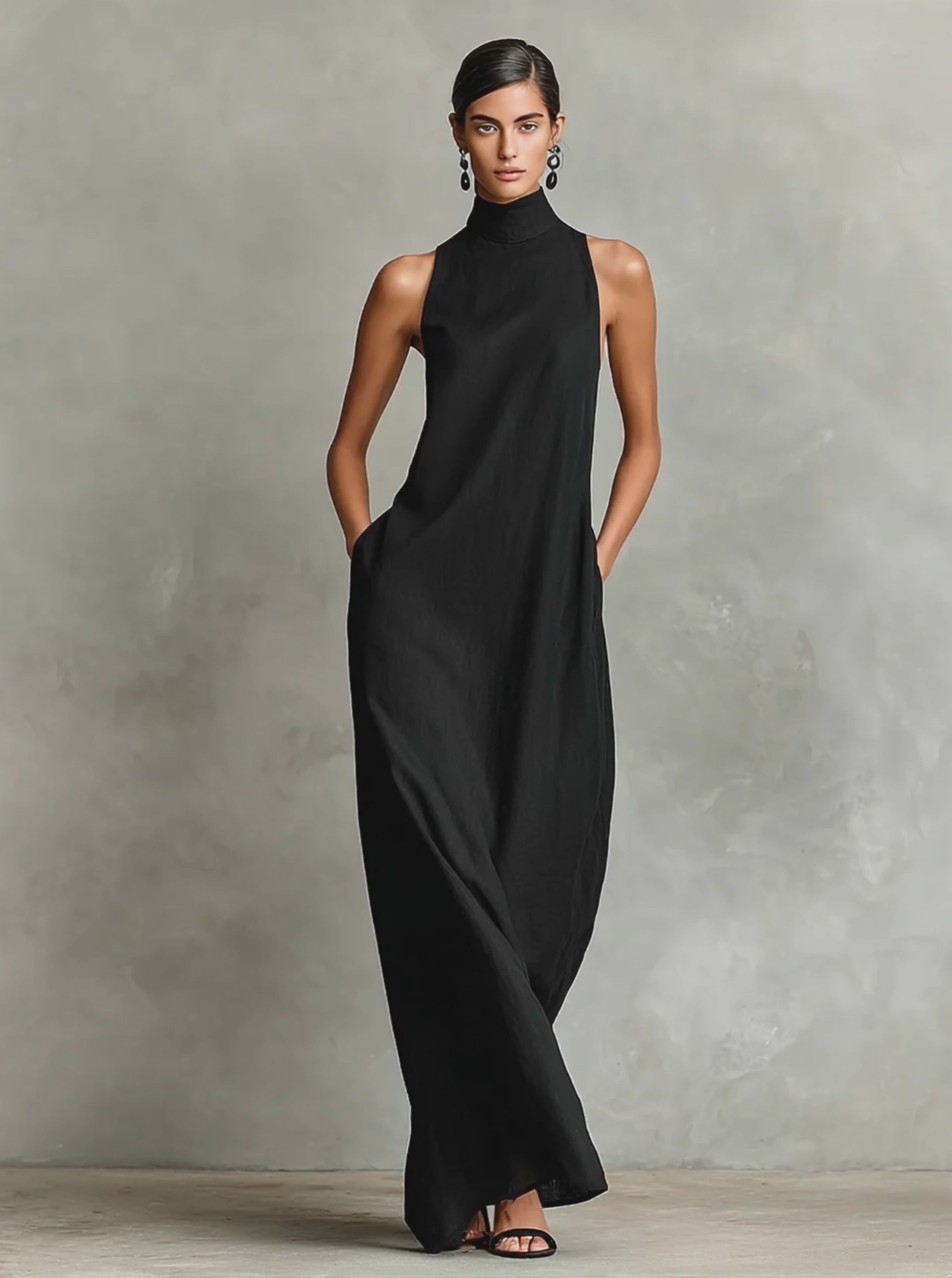 Women’s Black Burgundy and Blue Minimalist Linen-Blend High-Neck Sleeveless Relaxed Maxi Daily Dress