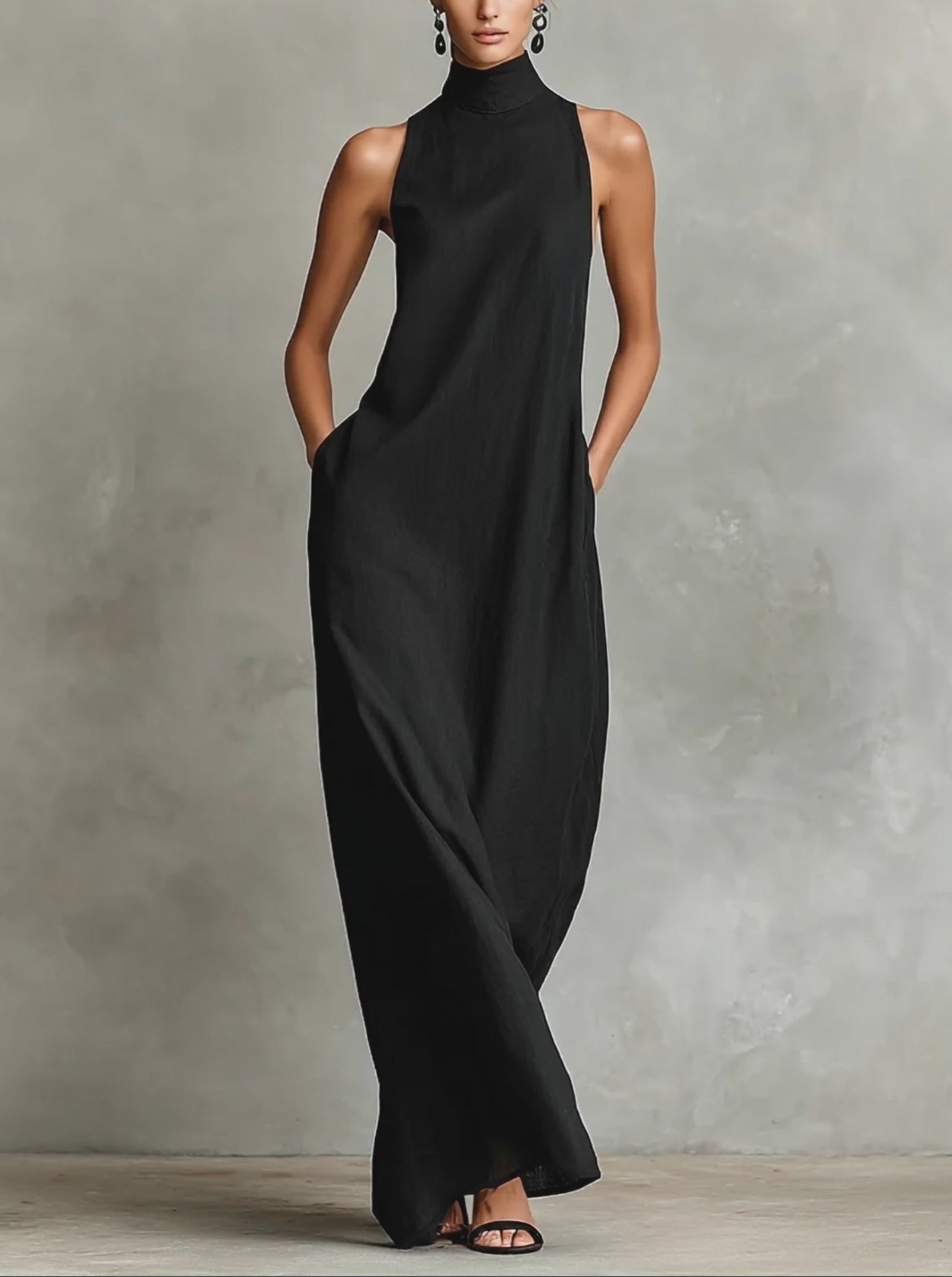 Women’s Black Burgundy and Blue Minimalist Linen-Blend High-Neck Sleeveless Relaxed Maxi Daily Dress