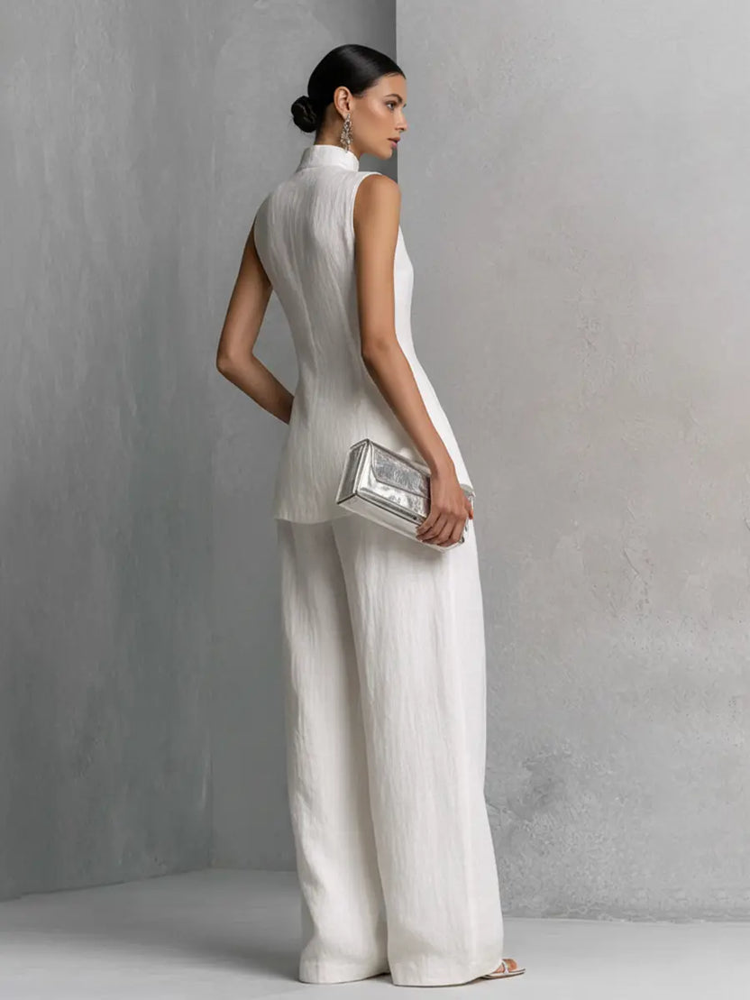 Women’s Multi-Color Elegant Cotton-Linen Stand-Collar Sleeveless Relaxed Wide-Leg Pants Set