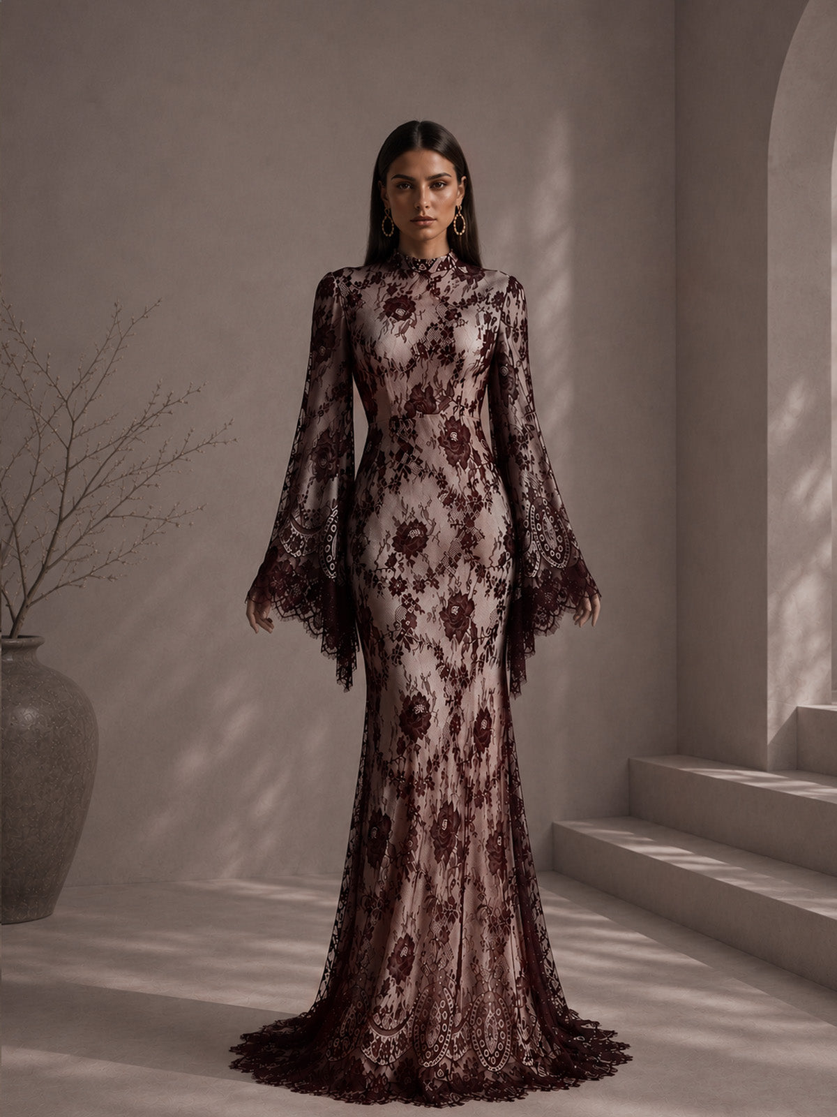 Women’s Black Elegant Lace Mock Neck Long Bell Sleeve Slim Mermaid Maxi Dress