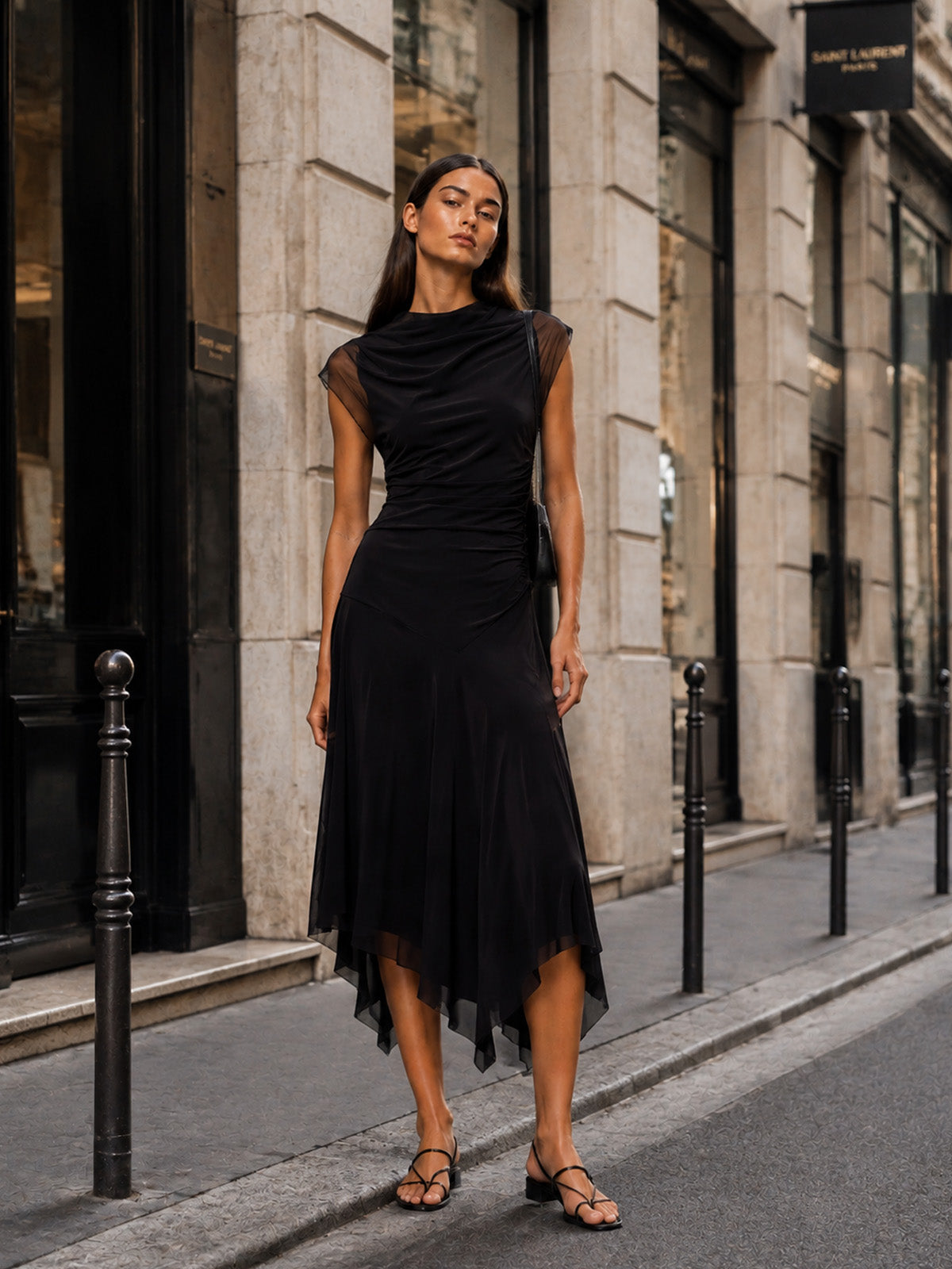Women’s Black Sophisticated Draped Fabric High Neck Sheer Short Sleeve A-Line Midi Dress with Asymmetric Hem