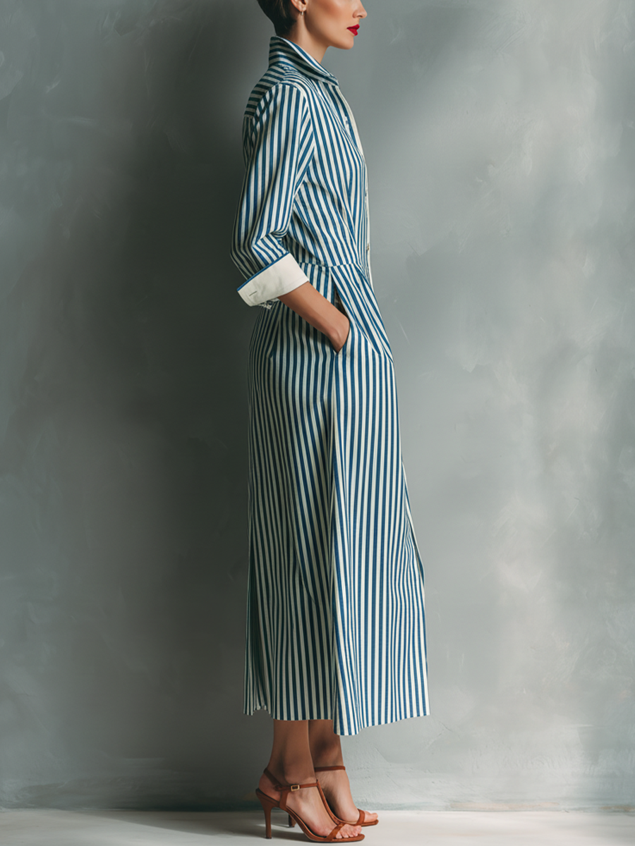 Women’s Striped Casual Cotton-Blend Collared Long Sleeve Relaxed Maxi Shirt Dress
