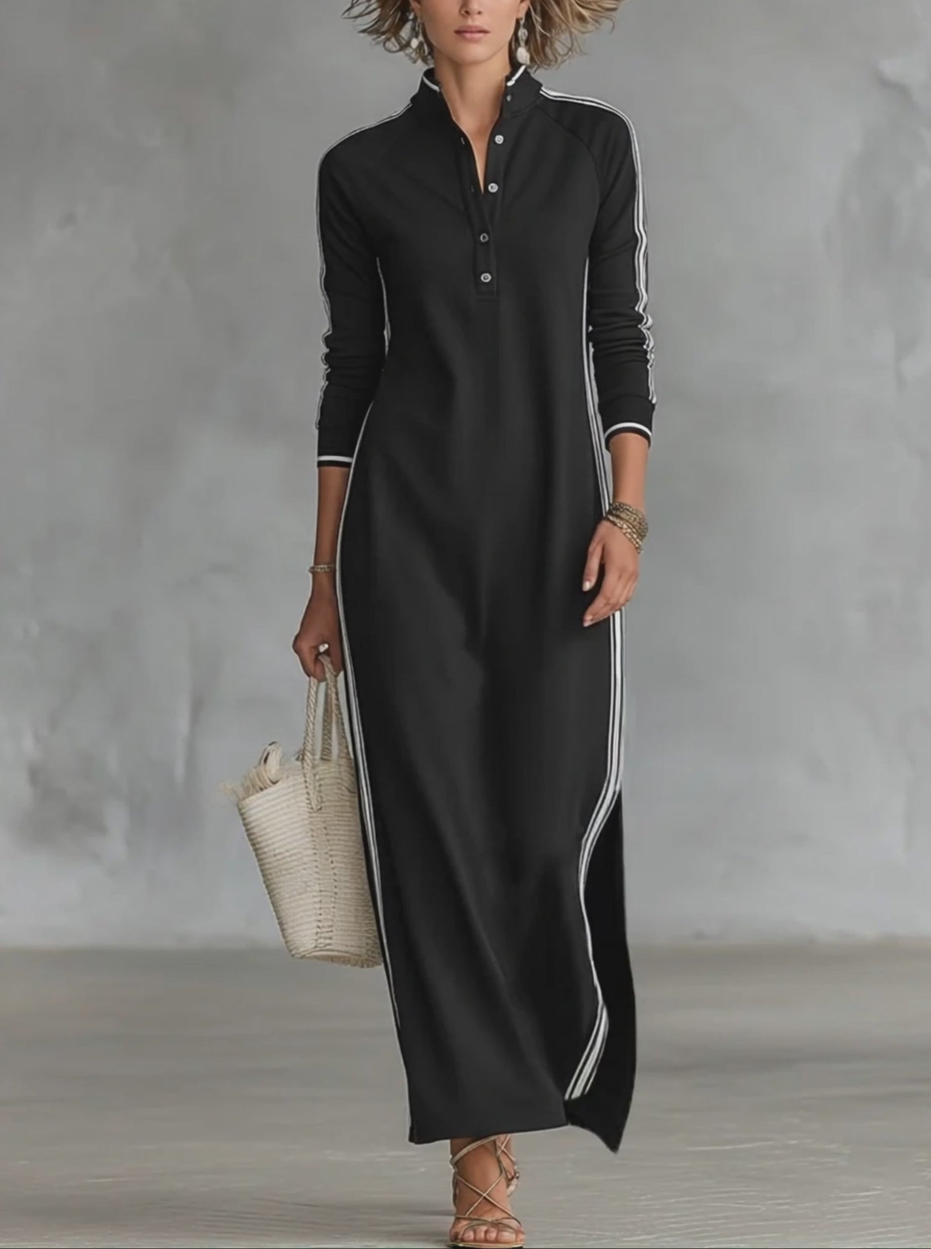 Women’s Minimalist Contrast-Trim Sweatshirt Knit Button-Down Collar Long Sleeve Relaxed Maxi Dress