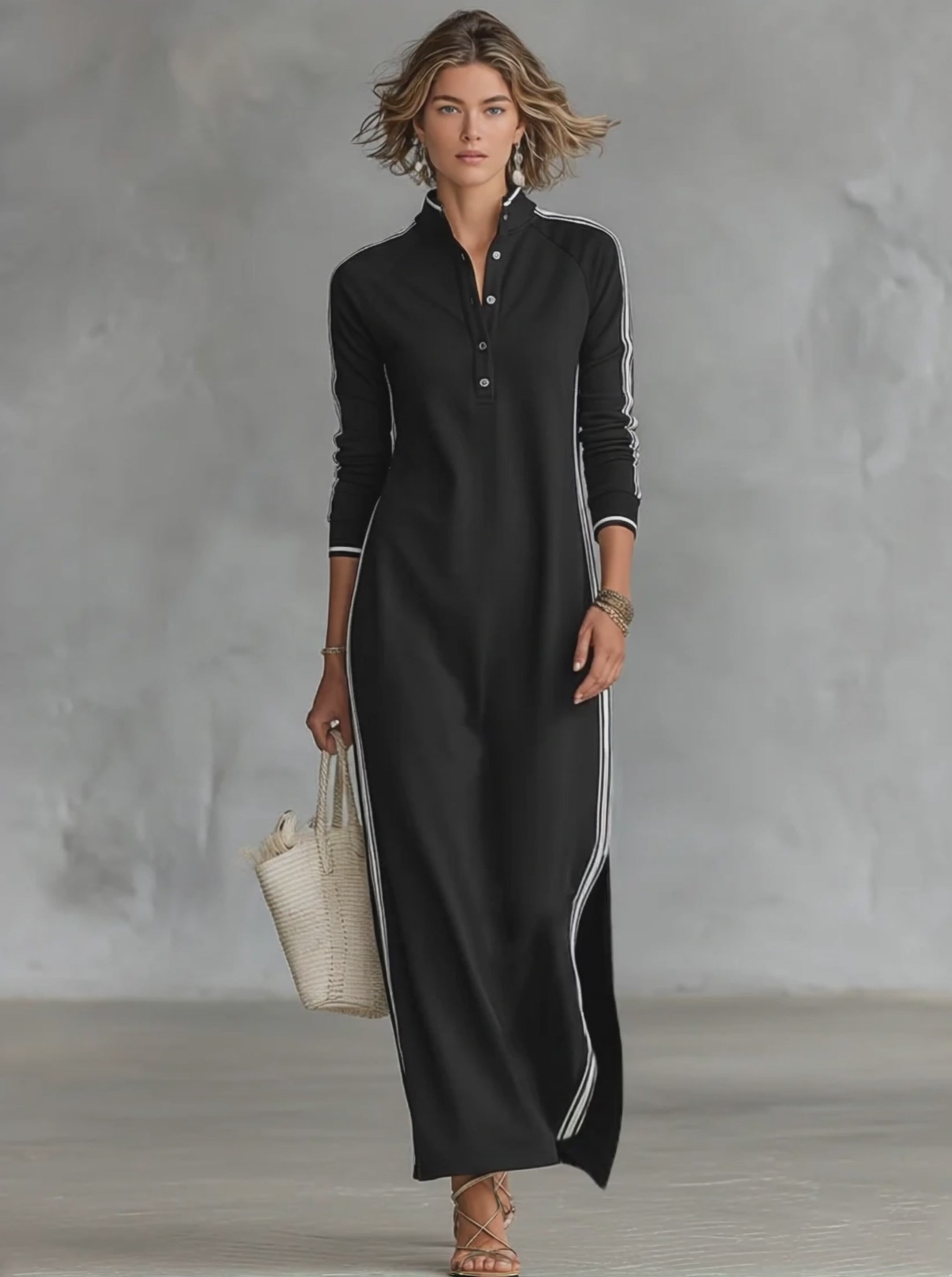 Women’s Minimalist Contrast-Trim Sweatshirt Knit Button-Down Collar Long Sleeve Relaxed Maxi Dress