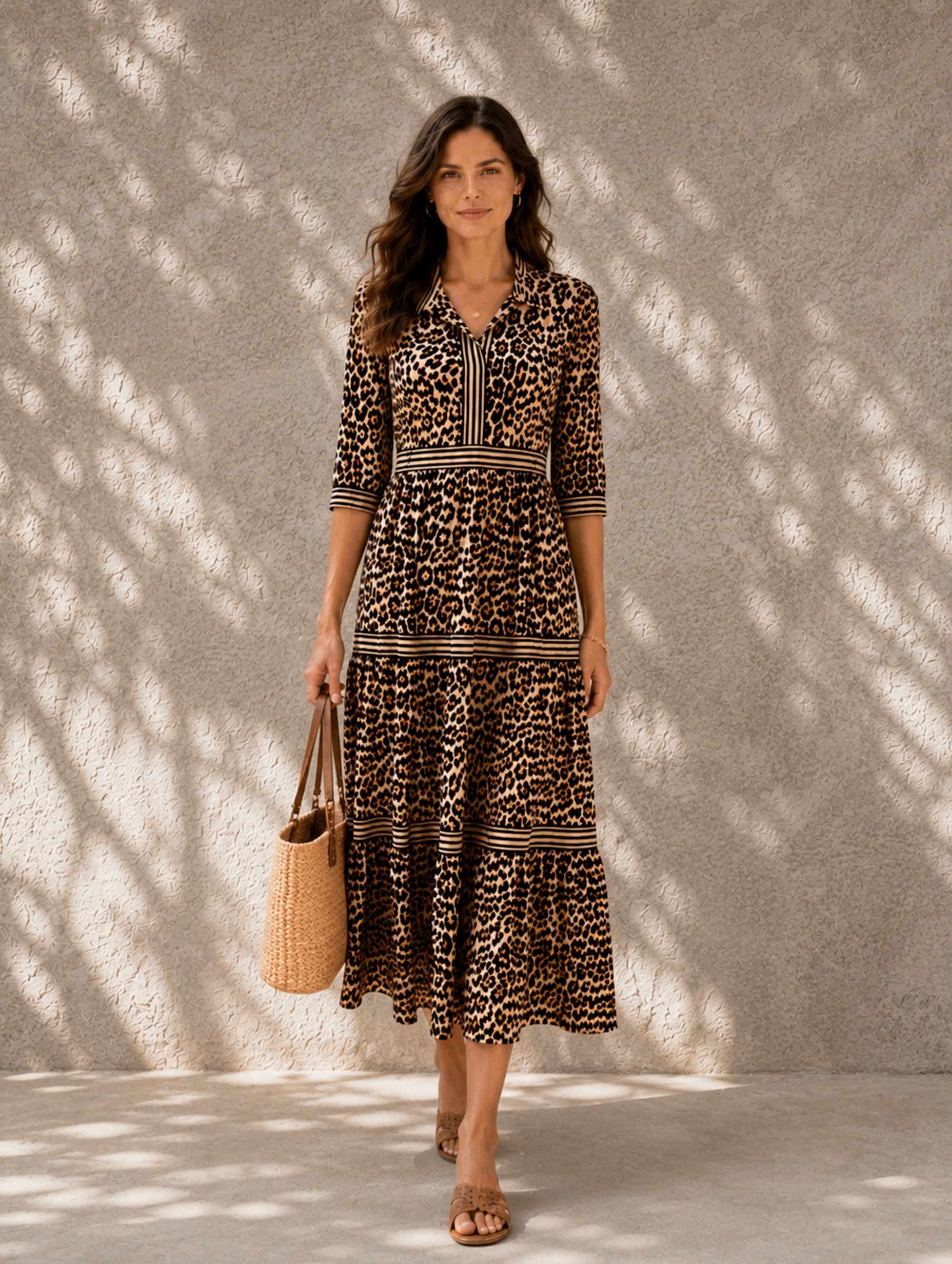 Women’s Cheetah Gold Elegant Mandarin Neck 3/4 Sleeve Regular Maxi Dress with Pockets