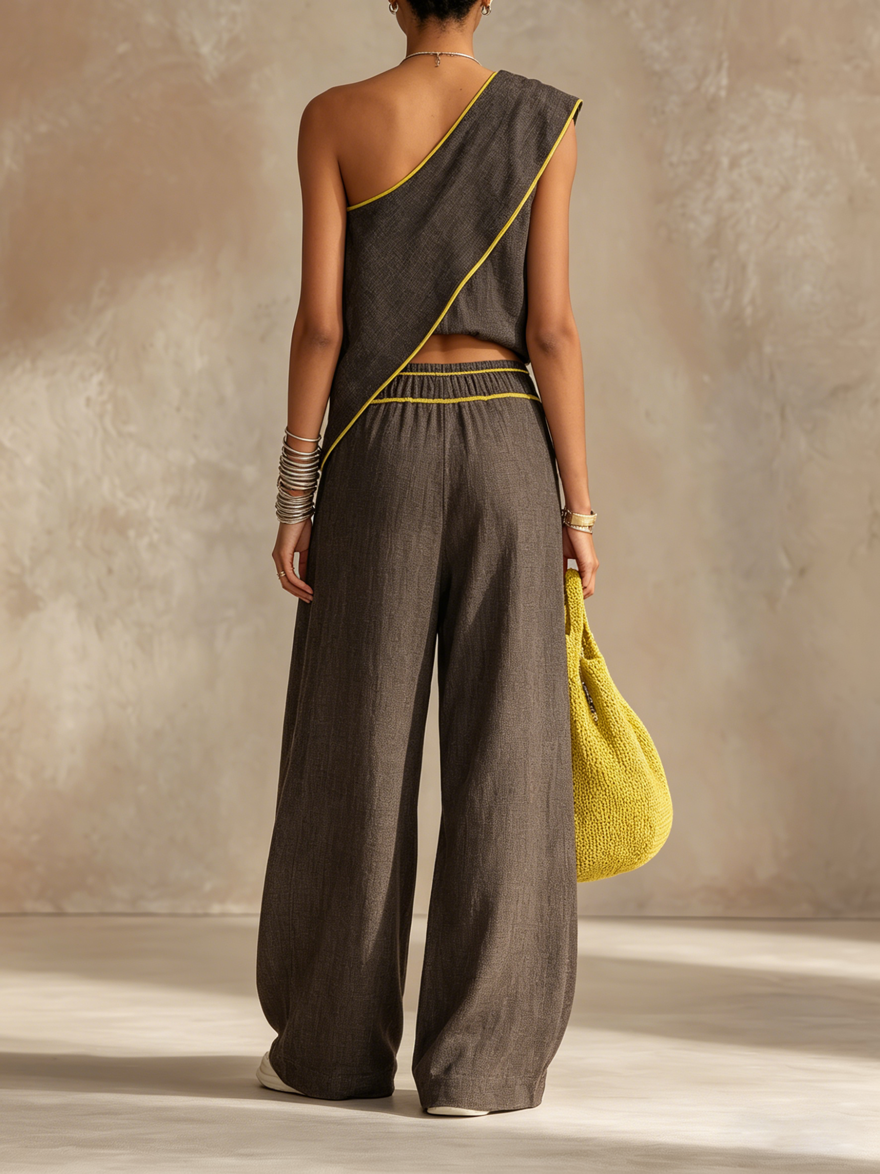 Women’s Boho Linen Blend Asymmetrical Neck Sleeveless Loose Full-Length Pants Set with Contrast Trim