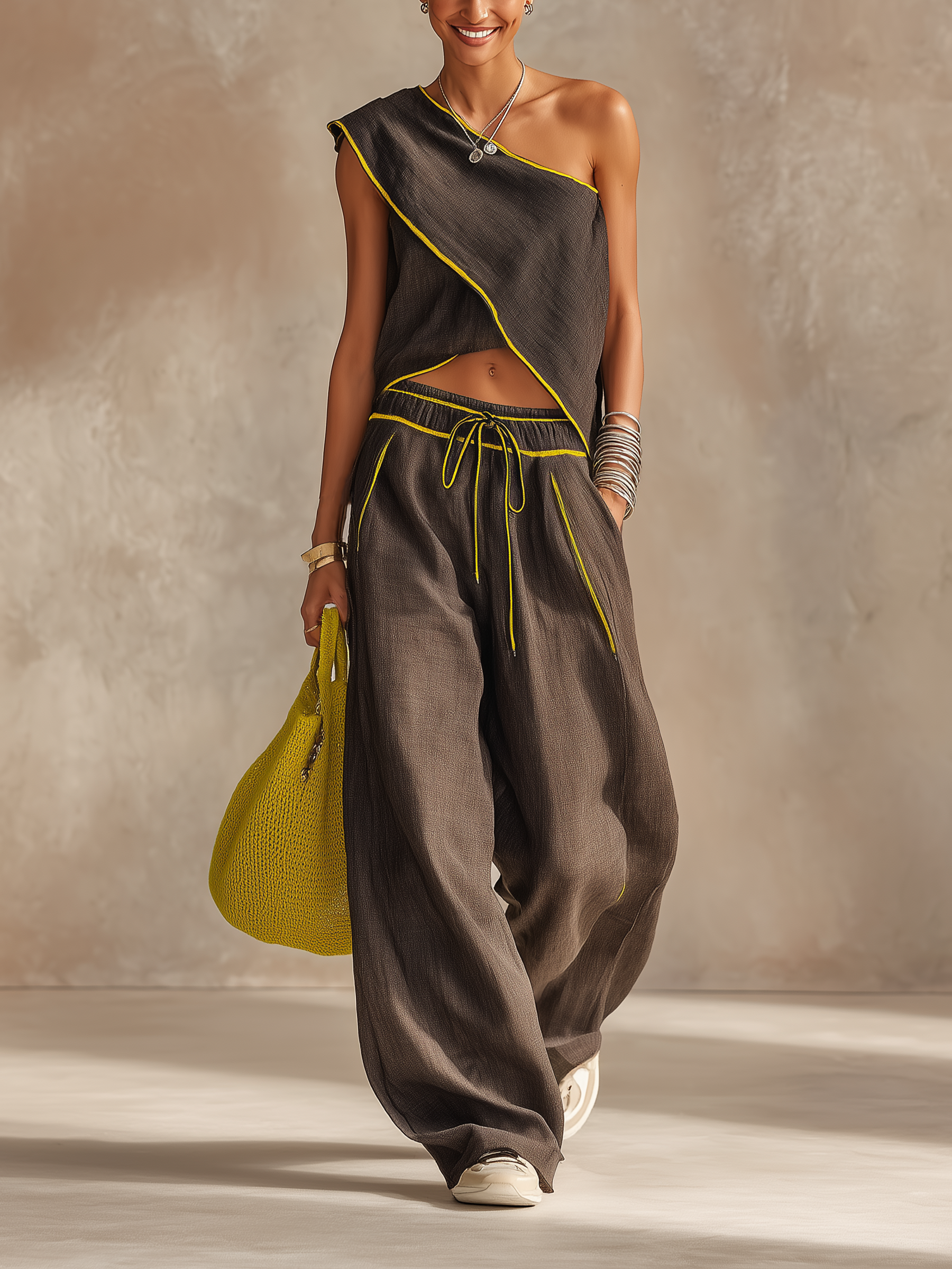 Women’s Boho Linen Blend Asymmetrical Neck Sleeveless Loose Full-Length Pants Set with Contrast Trim
