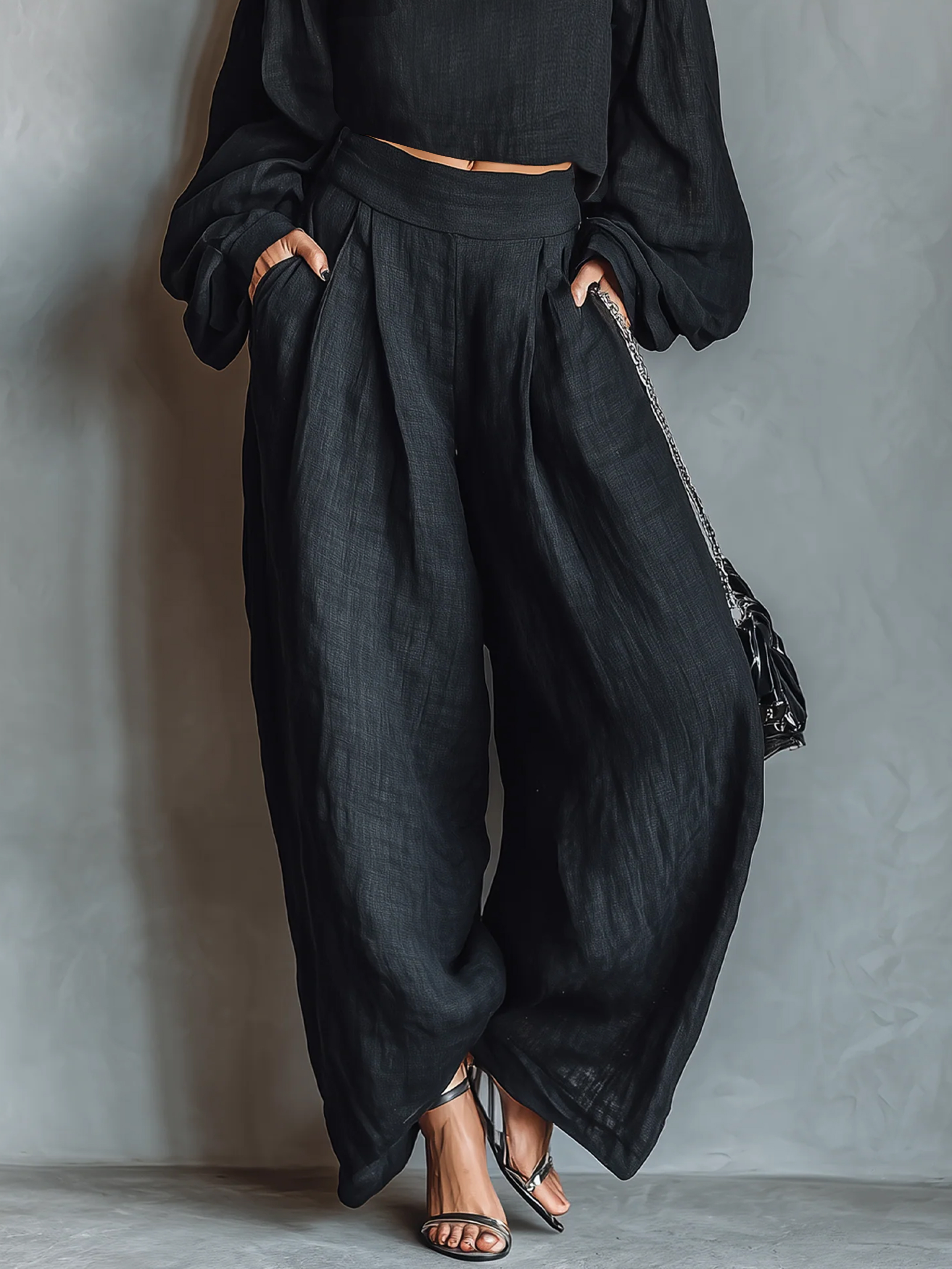 Women’s Black Casual Cotton-Linen Off-Shoulder Gathered Balloon Sleeve Blouse & Wide-Leg Pants Set