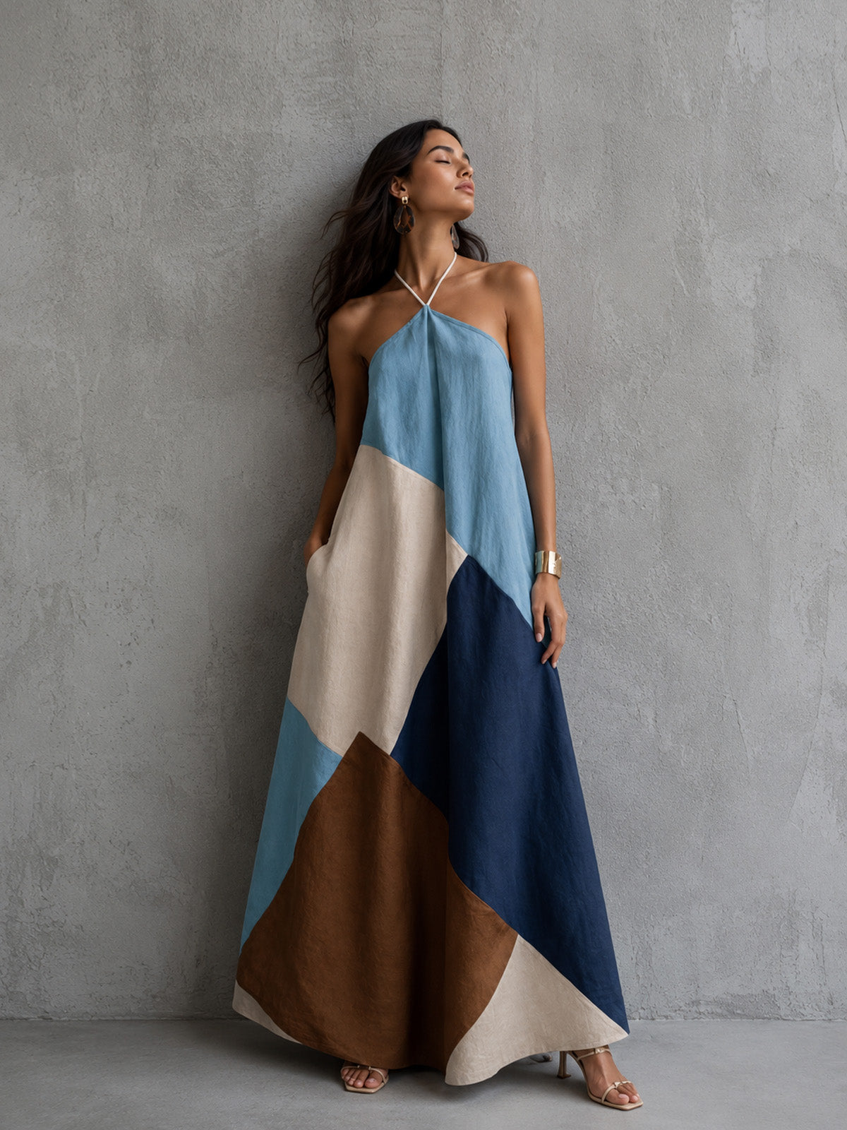 Women’s Beige Blue and Brown Bohemian Cotton-Linen Blend Halter Sleeveless Relaxed Maxi Dress