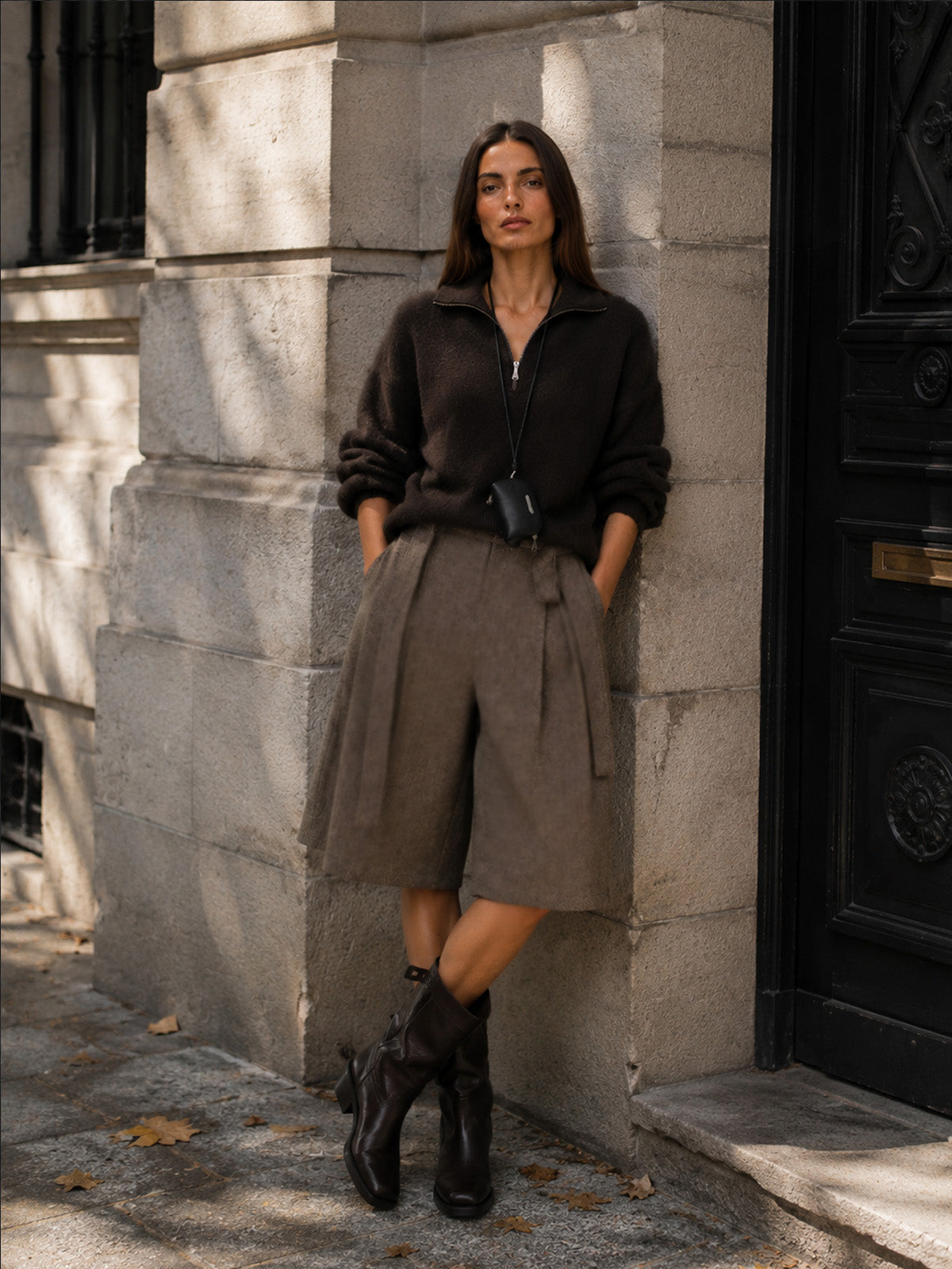 Women’s Black Modern Knit Stand Collar Long Sleeve Top and Gray Wide Leg Bermuda Shorts Set