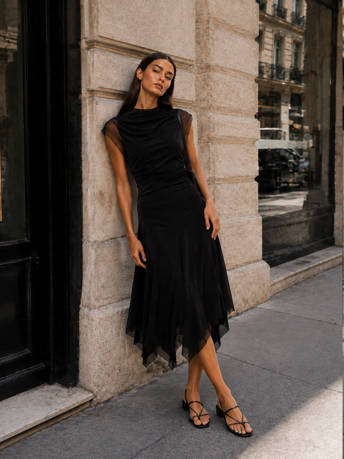 Women’s Black Sophisticated Draped Fabric High Neck Sheer Short Sleeve A-Line Midi Dress with Asymmetric Hem