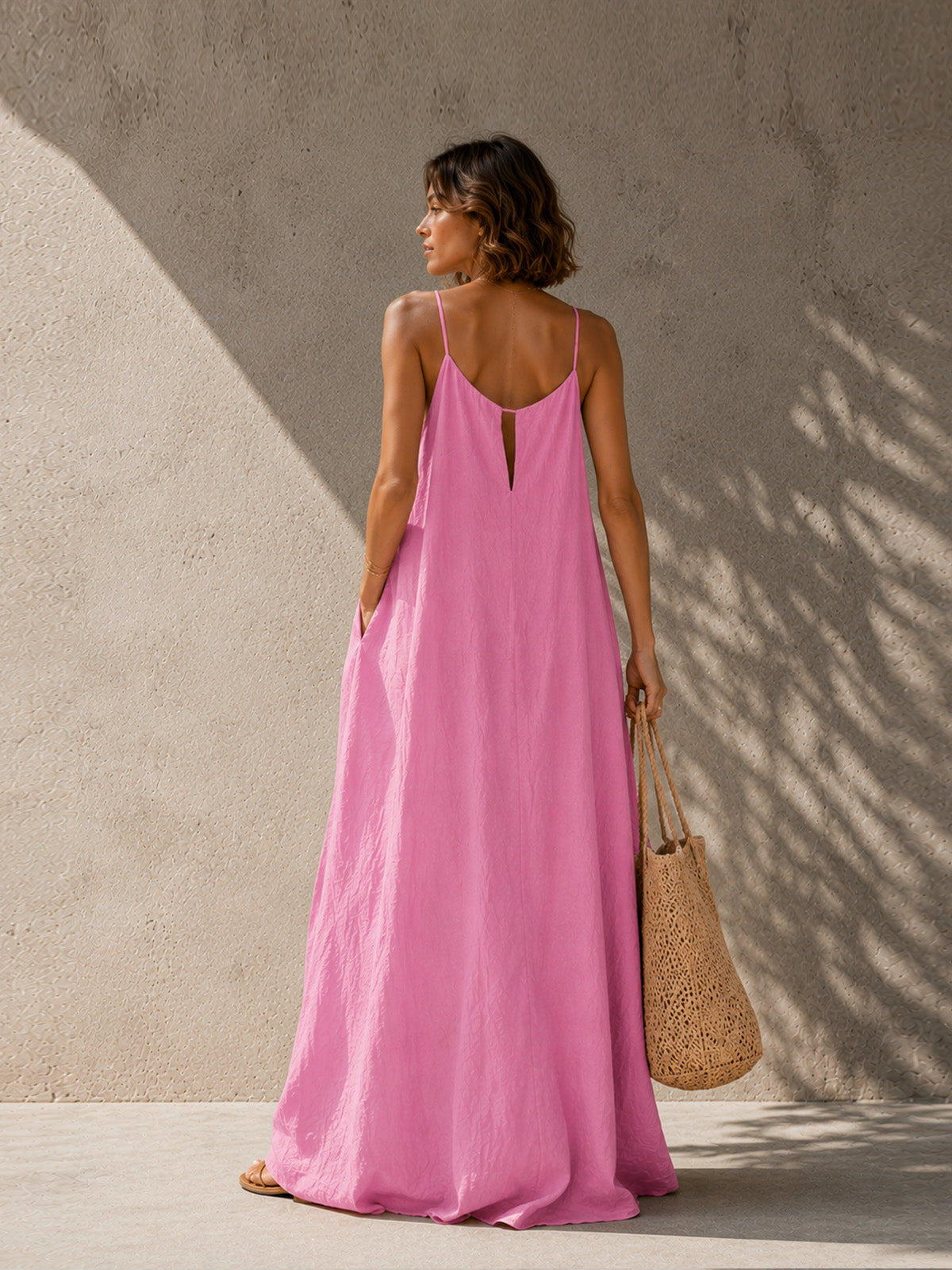 Damen Pink Minimalistischer Leichter Gewebter Ärmelloser Jumpsuit mit Rundhalsausschnitt, Lockerer Passform, Voller Länge, Weitem Bein und Lagen-Tank-Design