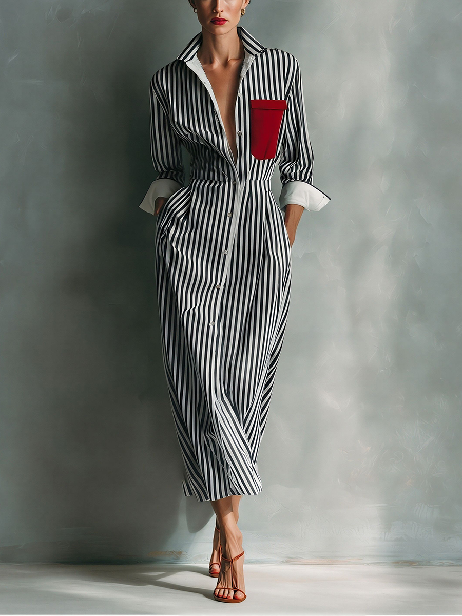 Women’s Striped Casual Cotton-Blend Collared Long Sleeve Relaxed Maxi Shirt Dress