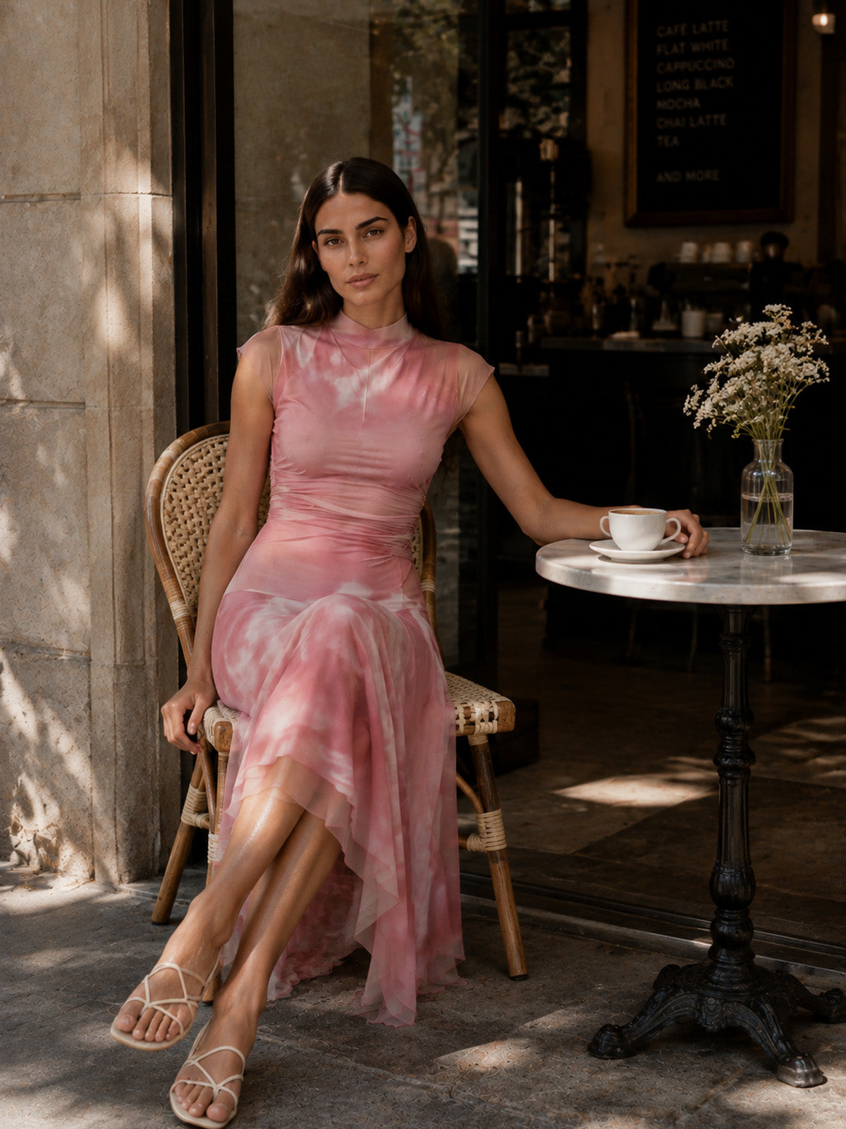 Women’s Black Sophisticated Draped Fabric High Neck Sheer Short Sleeve A-Line Midi Dress with Asymmetric Hem
