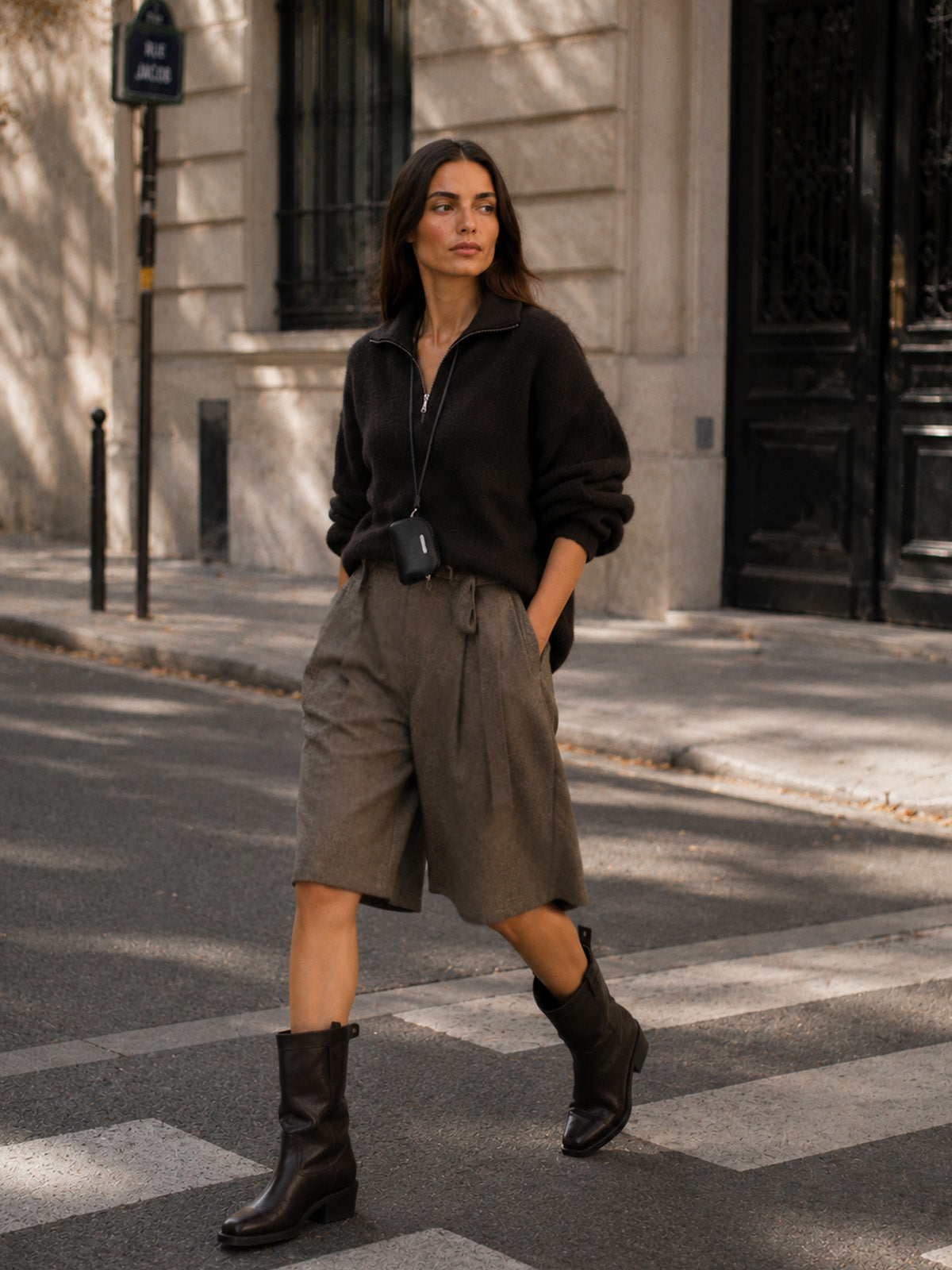 Women’s Black Modern Knit Stand Collar Long Sleeve Top and Gray Wide Leg Bermuda Shorts Set