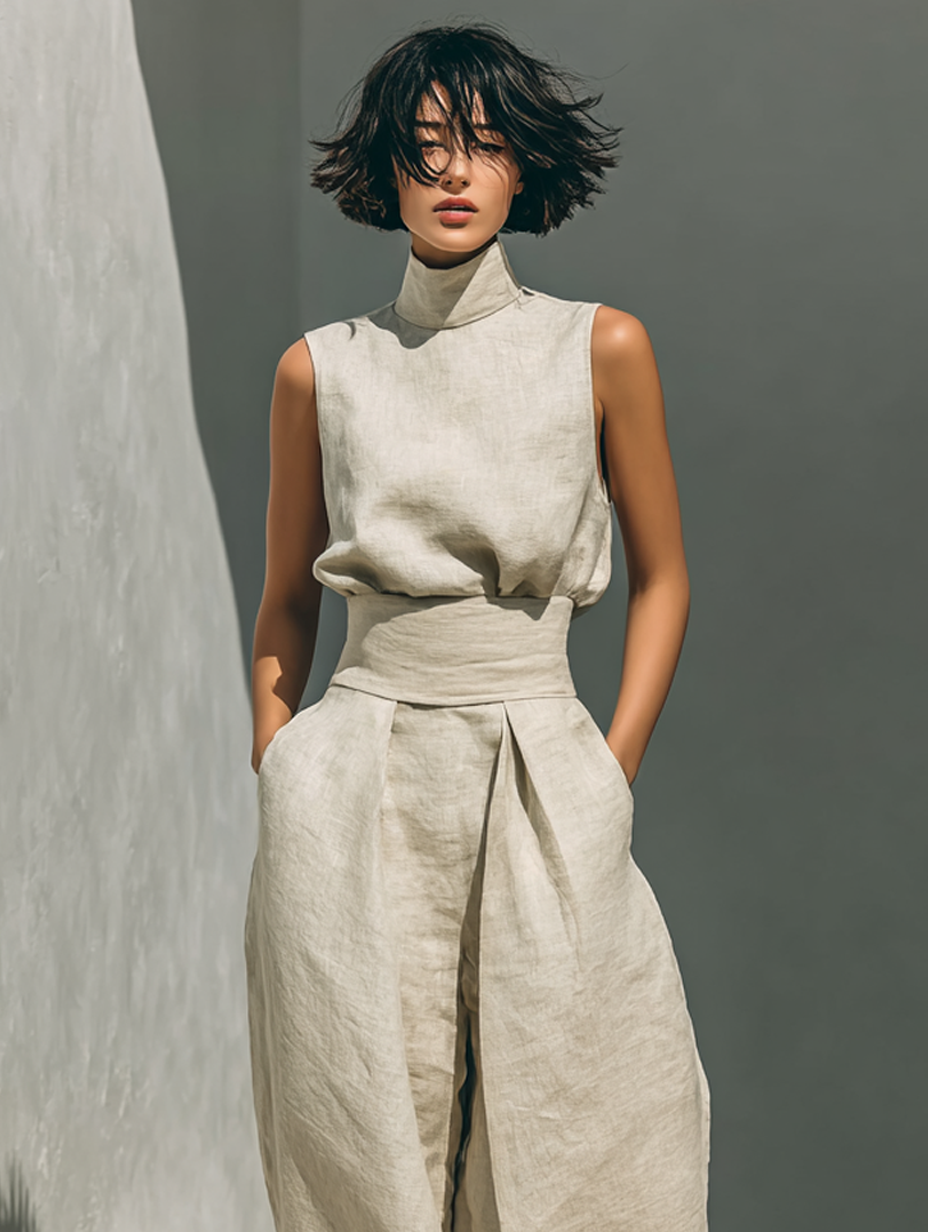 Women’s Multi-Color Minimalist Cotton-Linen Blend High-Neck Sleeveless Regular Wide-Leg Pants Set