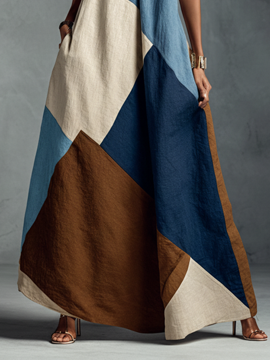 Women’s Beige Blue and Brown Bohemian Cotton-Linen Blend Halter Sleeveless Relaxed Maxi Dress
