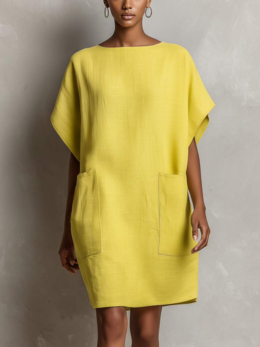 Women’s Lime Yellow Minimalist Linen-Blend Crew-Neck Batwing Sleeve Relaxed Mini Shift Dress