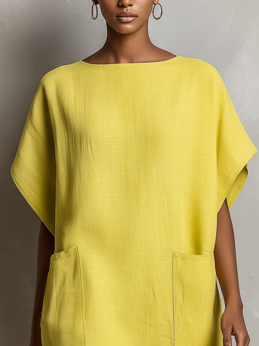 Women’s Lime Yellow Minimalist Linen-Blend Crew-Neck Batwing Sleeve Relaxed Mini Shift Dress
