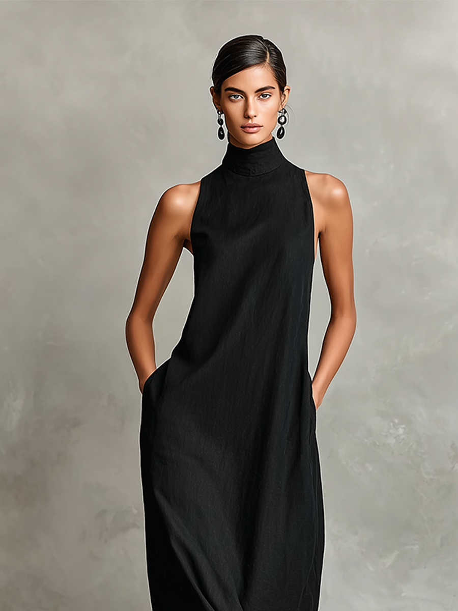 Women’s Black Burgundy and Blue Minimalist Linen-Blend High-Neck Sleeveless Relaxed Maxi Daily Dress