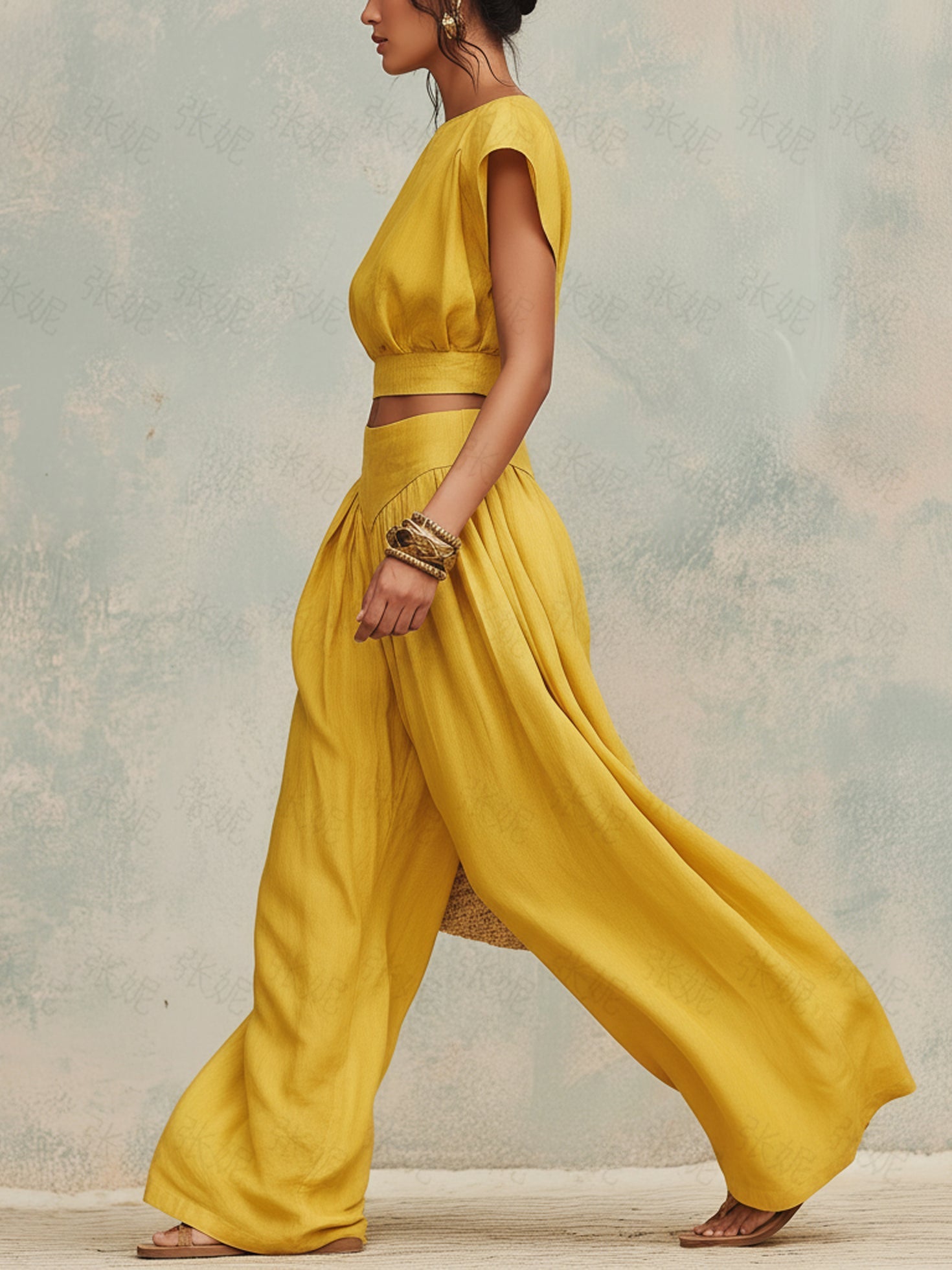 Women’s Yellow Resort Linen Blend Short Sleeve Regular Full-Length Wide-Leg Pants Set with Crop Top