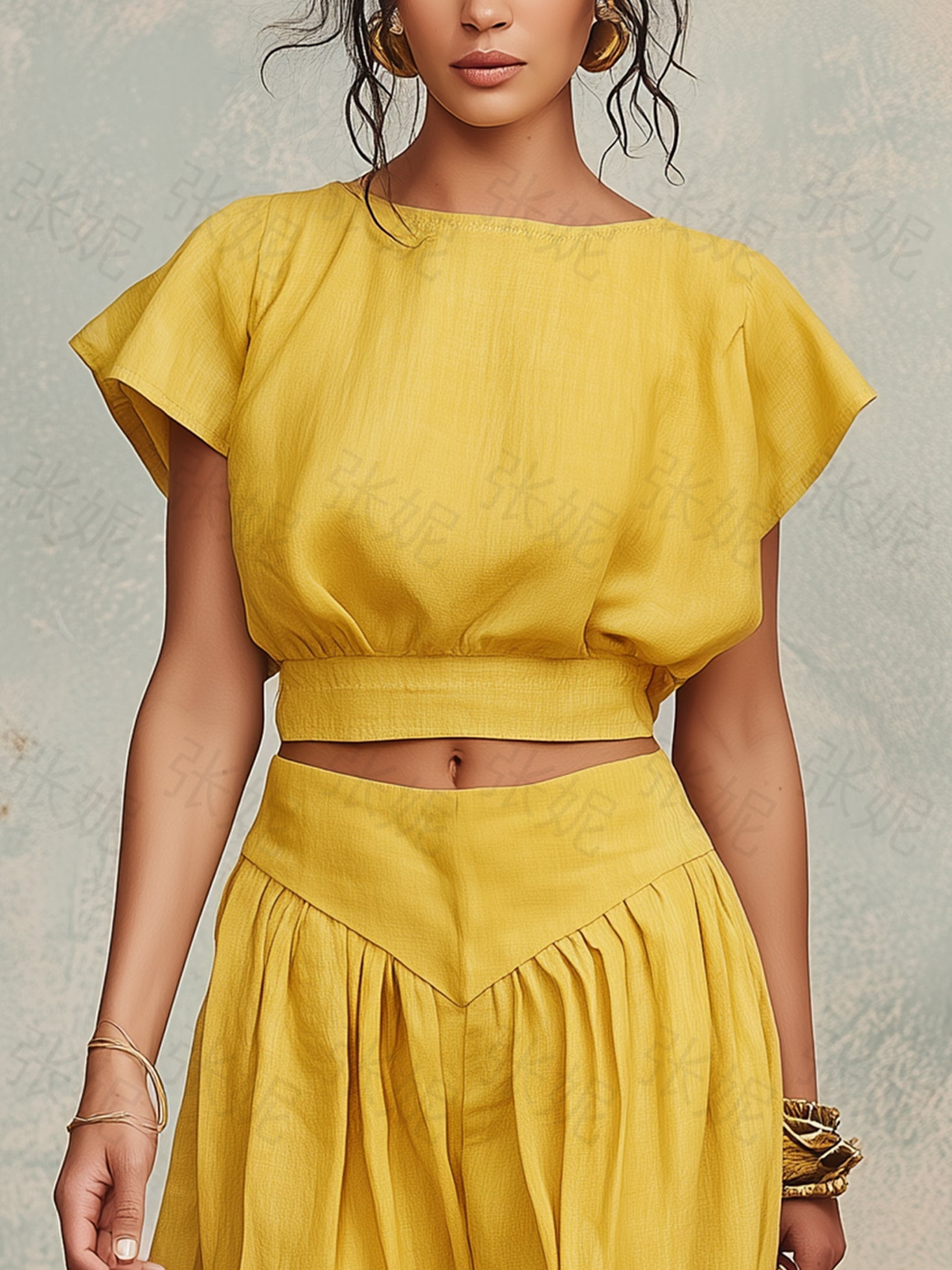 Women’s Yellow Resort Linen Blend Short Sleeve Regular Full-Length Wide-Leg Pants Set with Crop Top