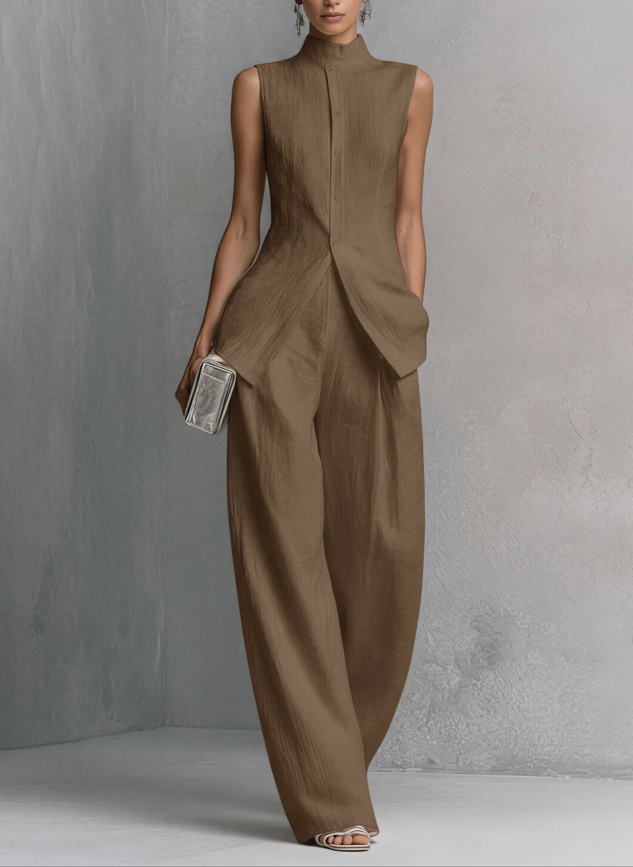 Women’s Multi-Color Elegant Cotton-Linen Stand-Collar Sleeveless Relaxed Wide-Leg Pants Set