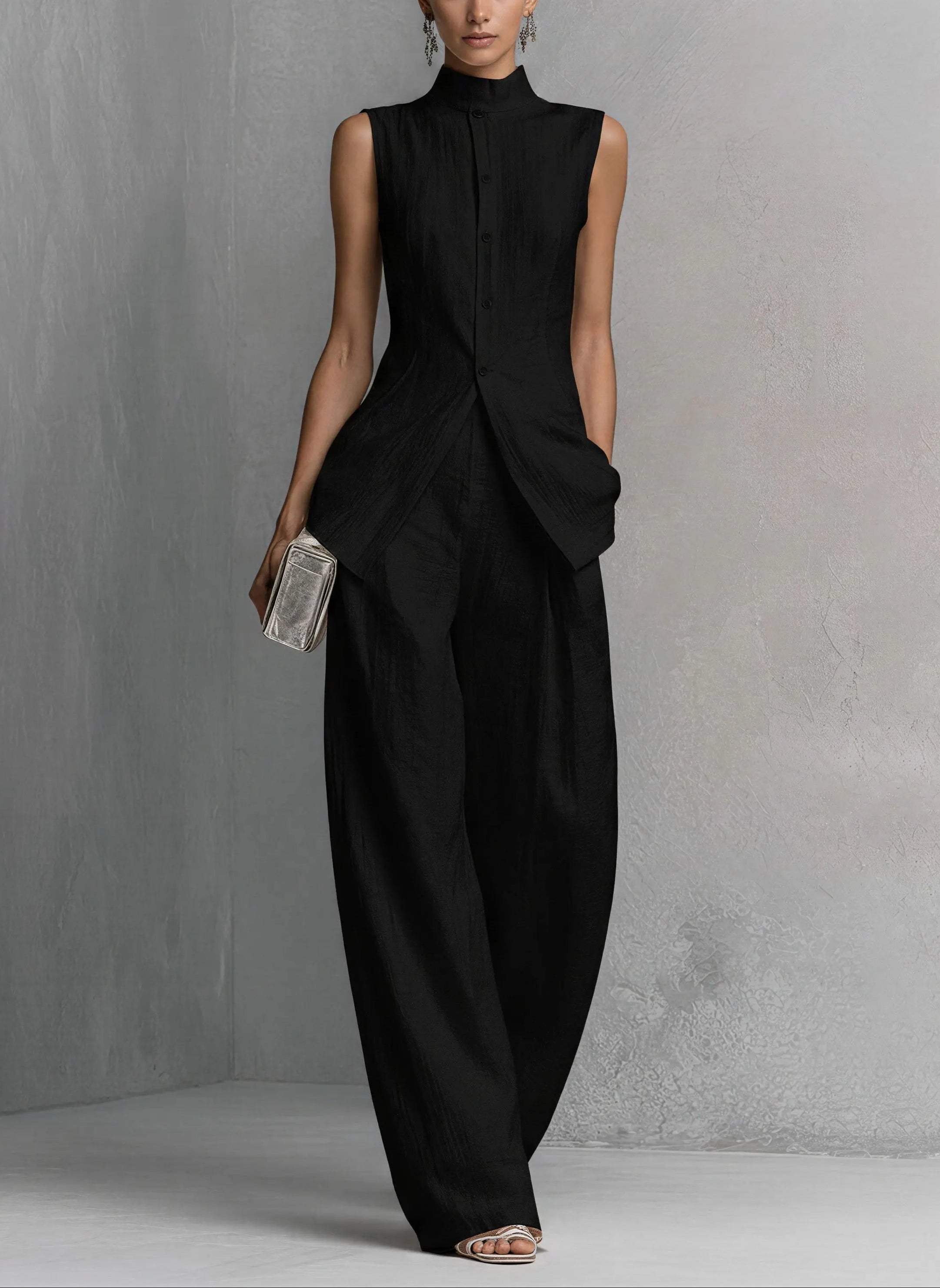 Women’s Multi-Color Elegant Cotton-Linen Stand-Collar Sleeveless Relaxed Wide-Leg Pants Set