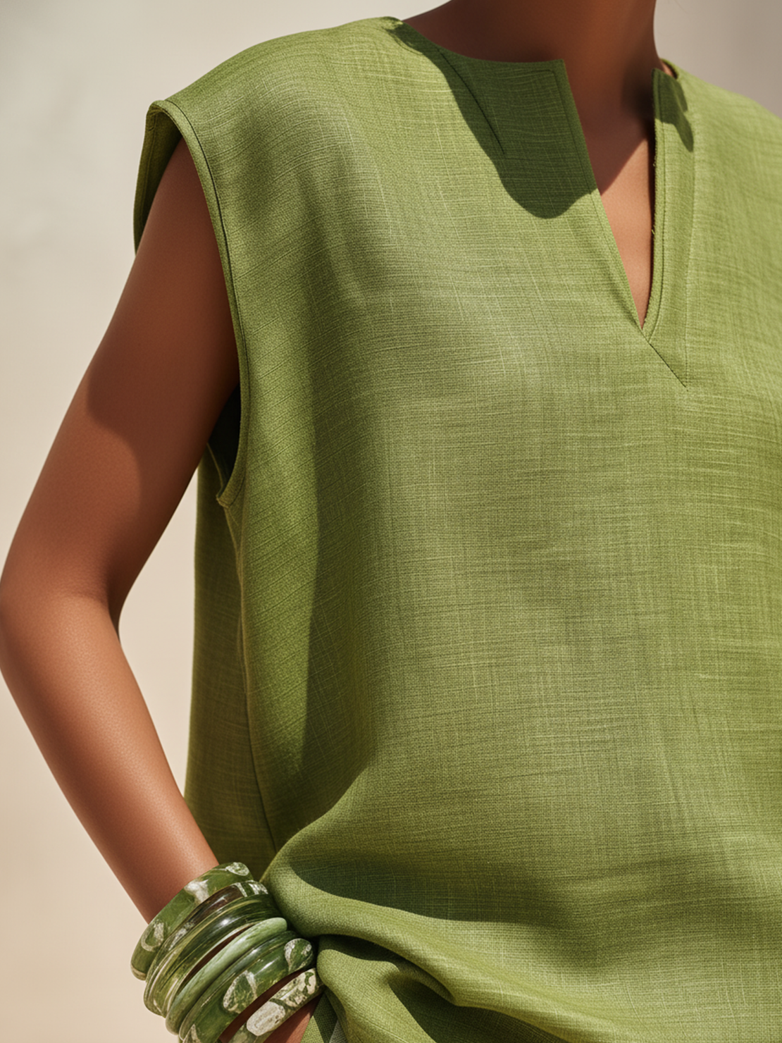 Women’s Green Resort Linen-Blend Round-Neck Sleeveless Relaxed Wide-Leg Pants Set  Product Descripti