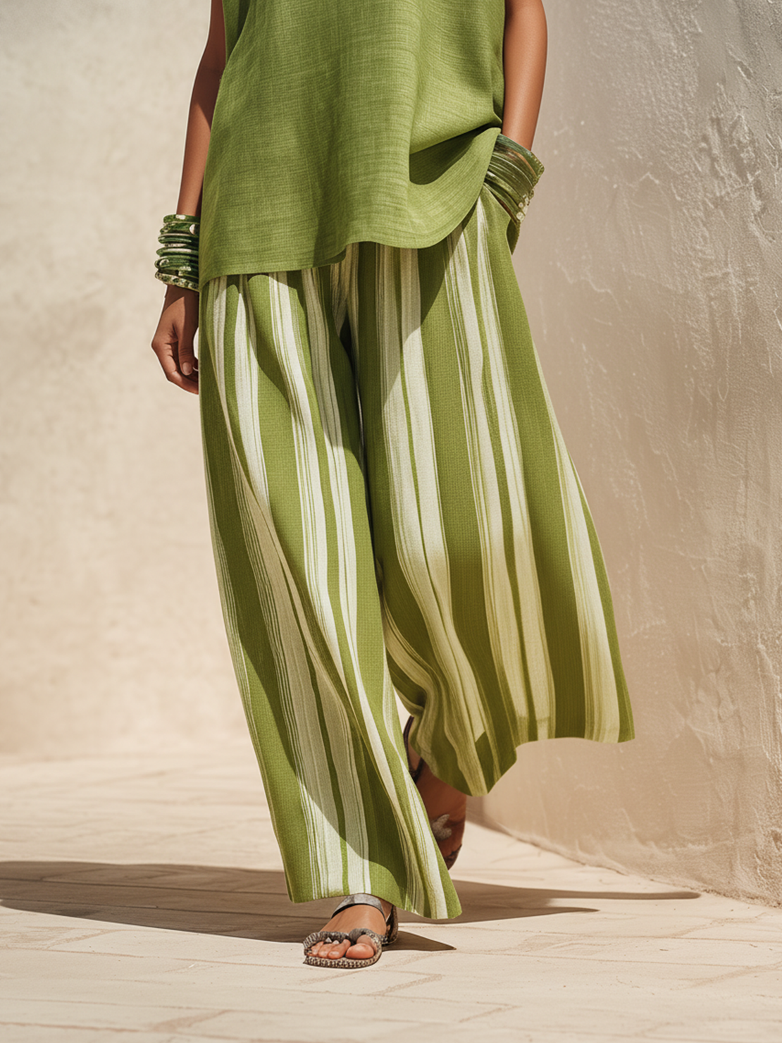 Women’s Green Resort Linen-Blend Round-Neck Sleeveless Relaxed Wide-Leg Pants Set  Product Descripti