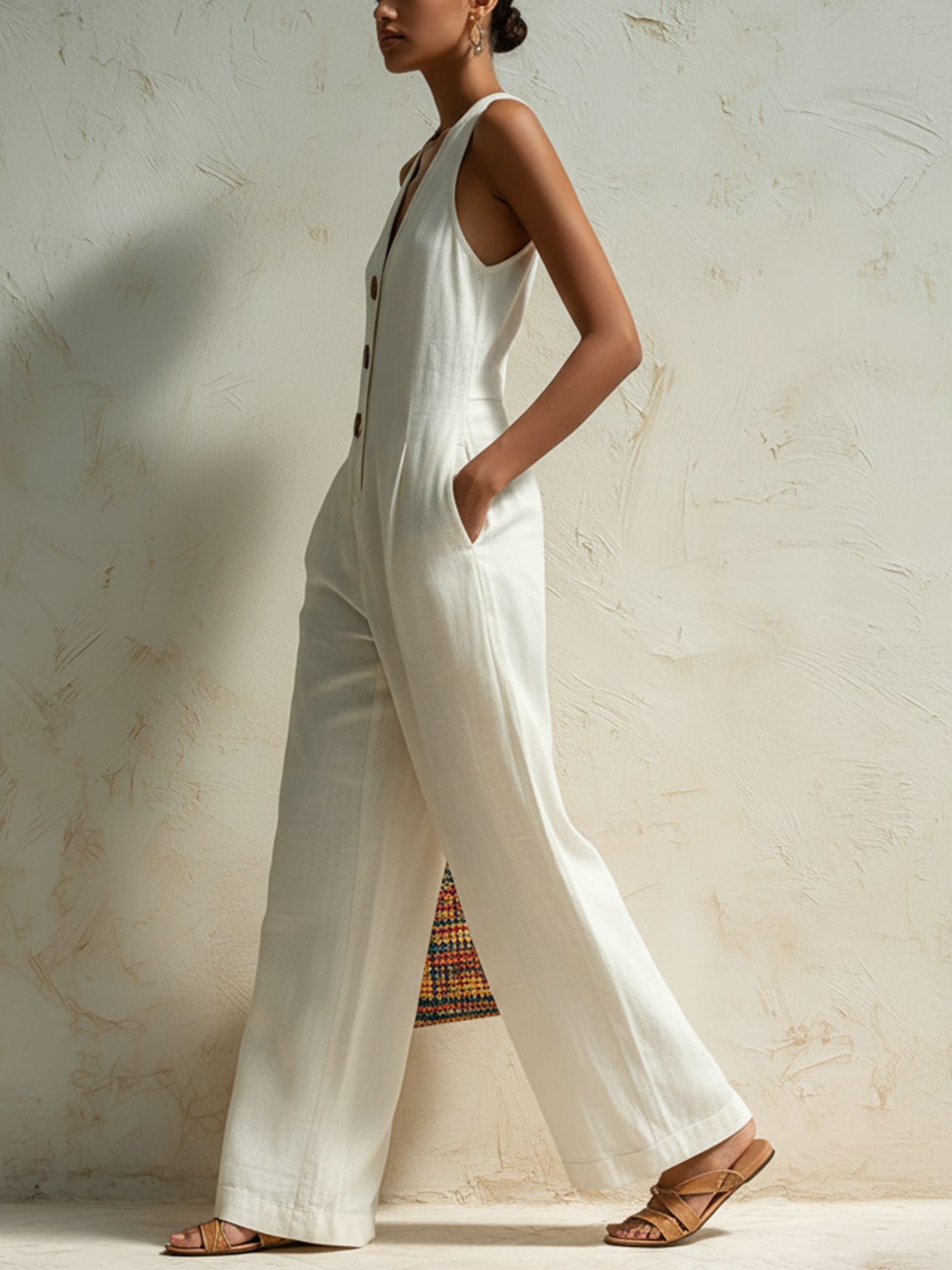 Women’s White Resort Linen Blend Halter Neck Sleeveless Regular Full-Length Jumpsuit with Button Front