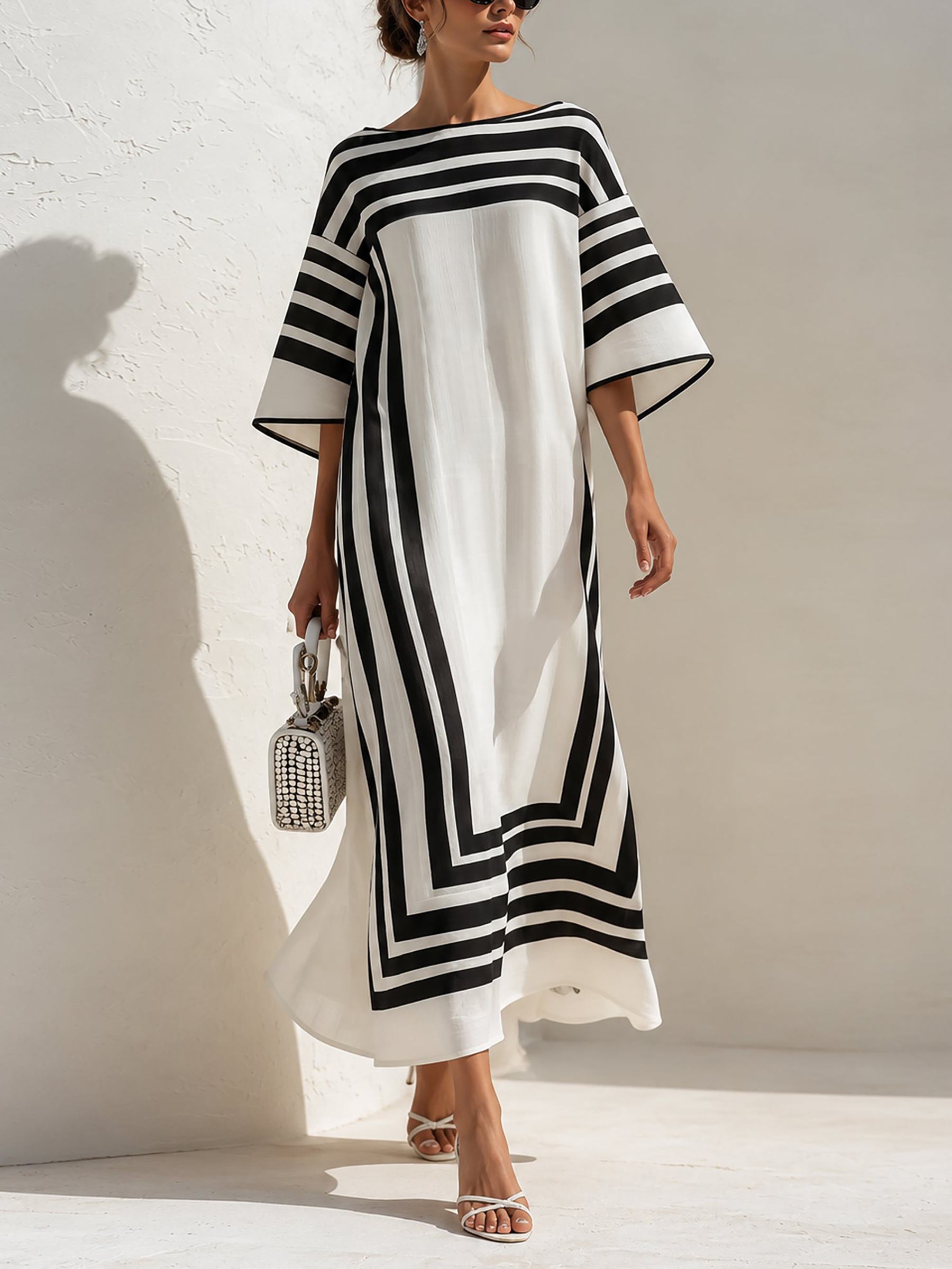 Oversized Black & White Striped Kaftan Maxi Dress