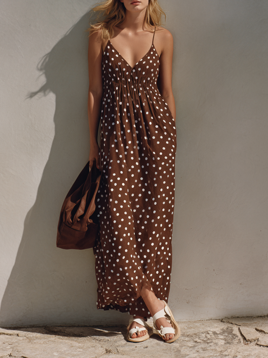 Women’s Brown Polka Dot Casual Lightweight Woven V-Neck Spaghetti Strap Regular Maxi Dress