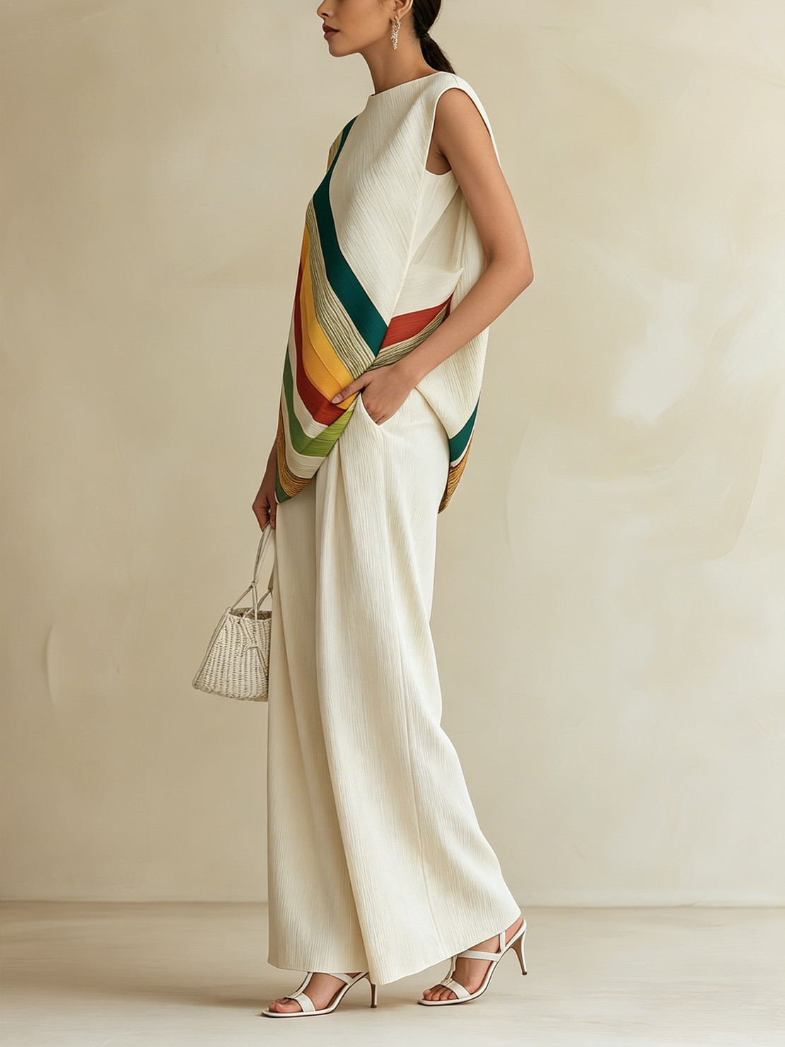 Women’s Rainbow Modern Pleated Round-Neck Sleeveless Relaxed Wide-Leg Pants Set