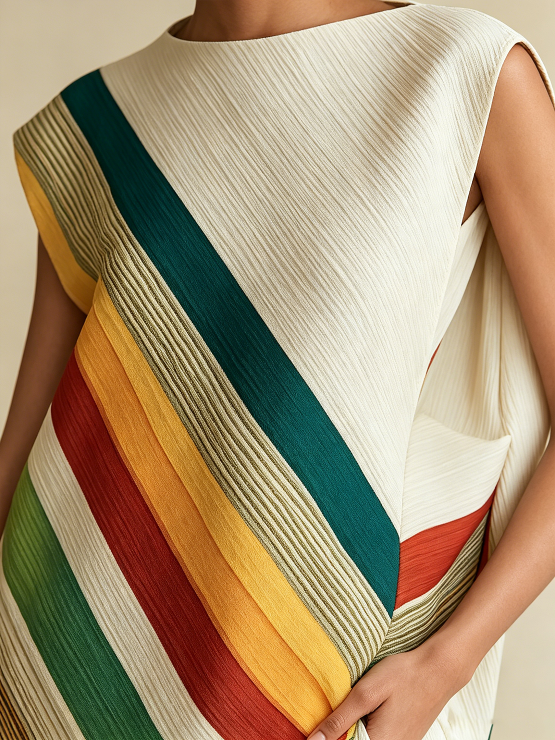 Women’s Rainbow Modern Pleated Round-Neck Sleeveless Relaxed Wide-Leg Pants Set