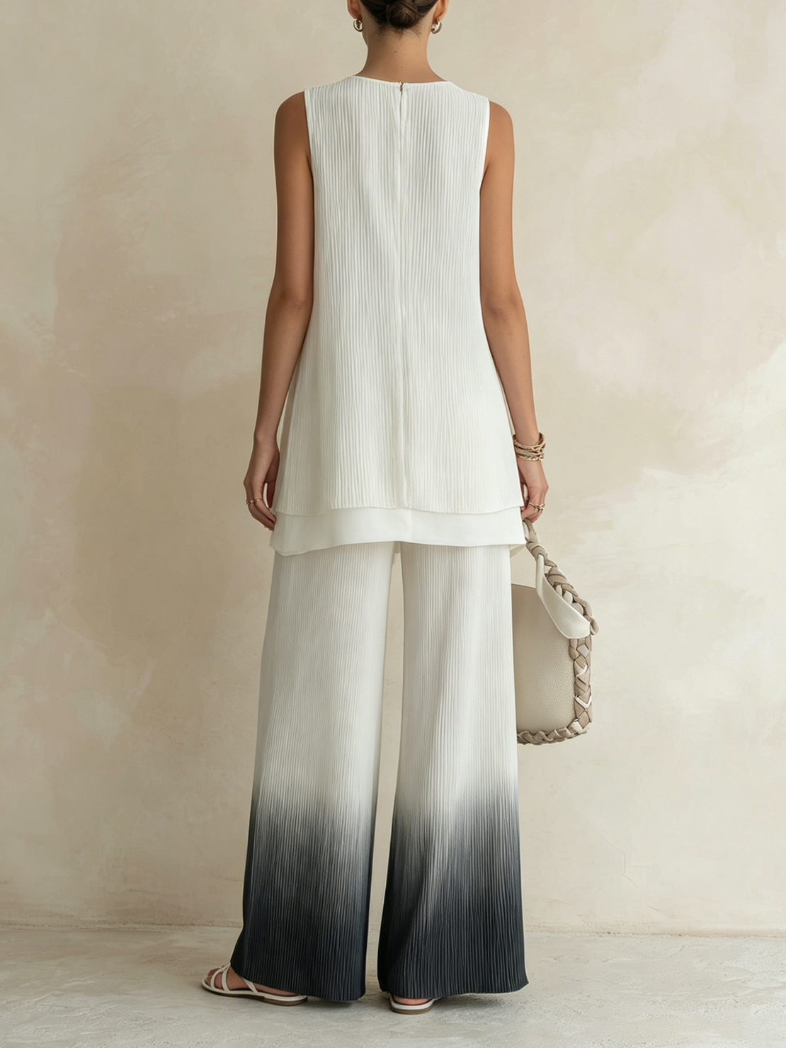 Women’s White Modern Pleated Sleeveless Relaxed Wide-Leg Pants Set  Product Description