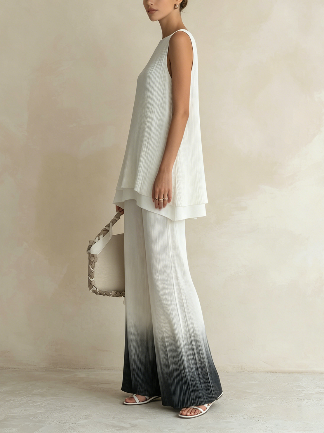 Women’s White Modern Pleated Sleeveless Relaxed Wide-Leg Pants Set  Product Description
