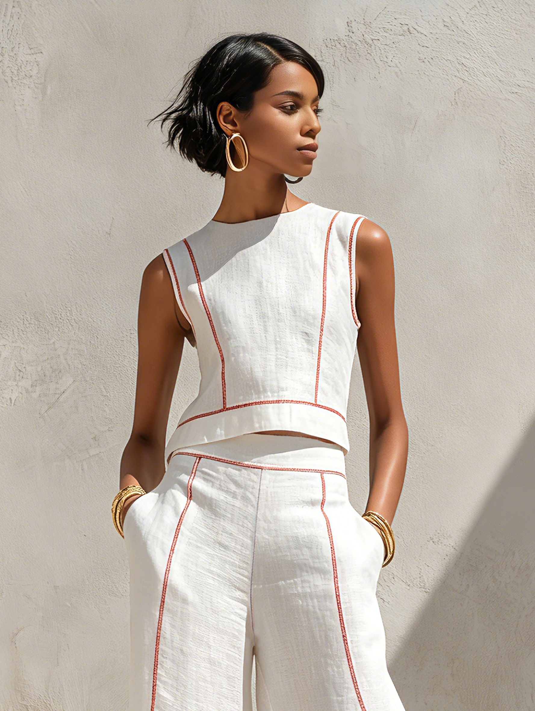 Women’s White and Black Minimalist Linen-Blend Round-Neck Sleeveless Regular Wide-Leg Pants Set