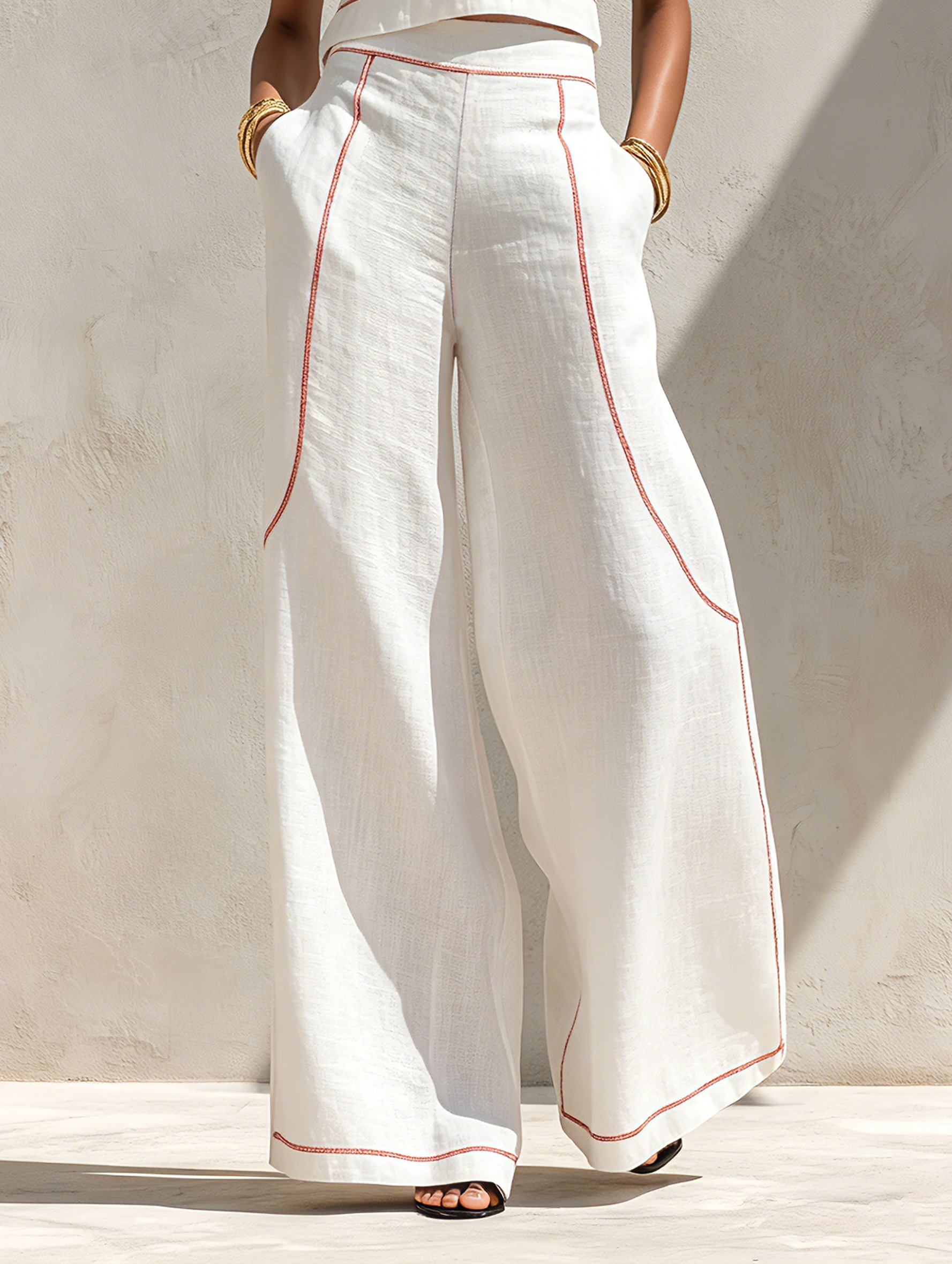 Women’s White and Black Minimalist Linen-Blend Round-Neck Sleeveless Regular Wide-Leg Pants Set