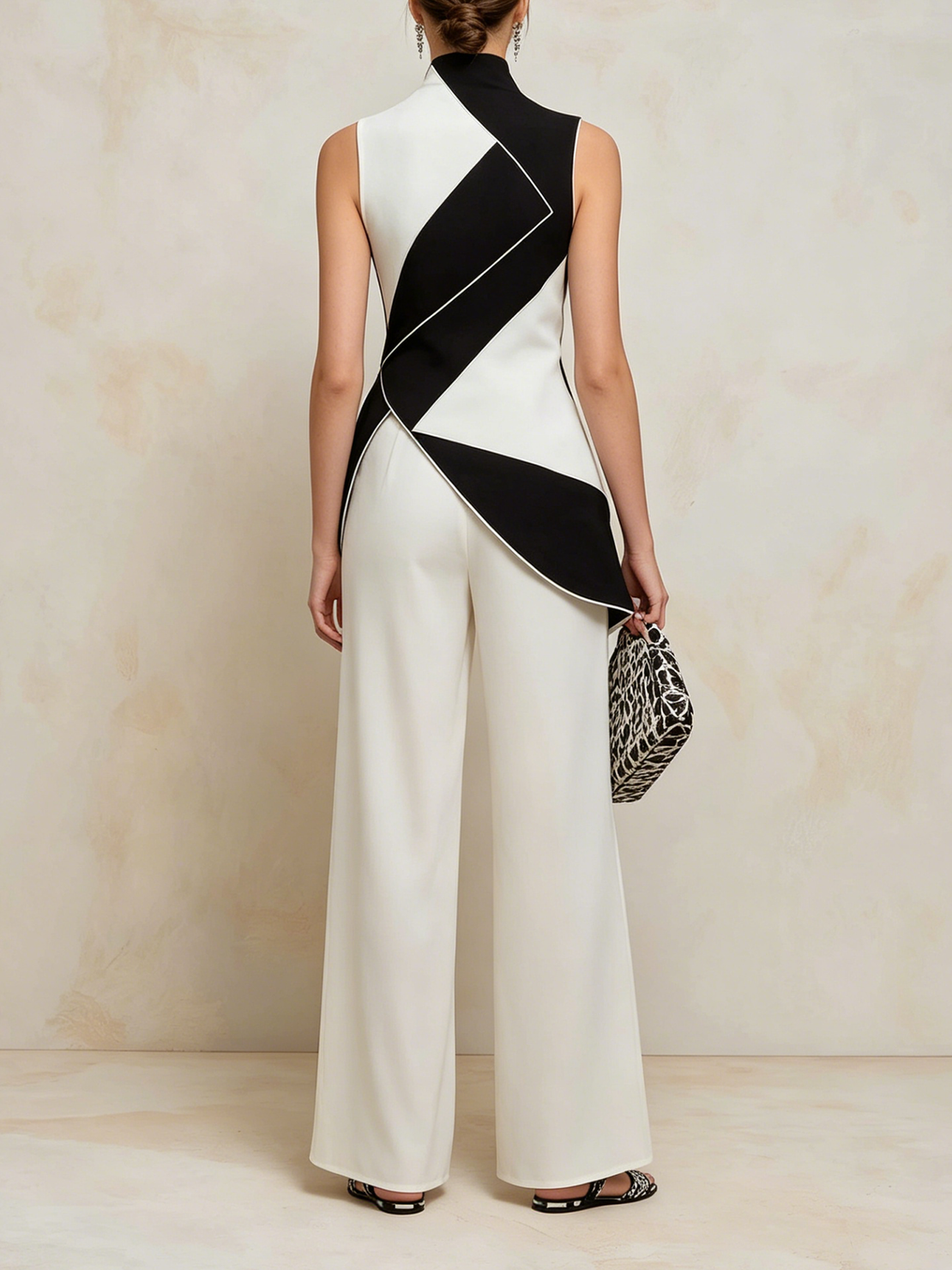Women’s Black and White Modern Geometric Smooth High-Neck Sleeveless Relaxed Wide-Leg Pants Set