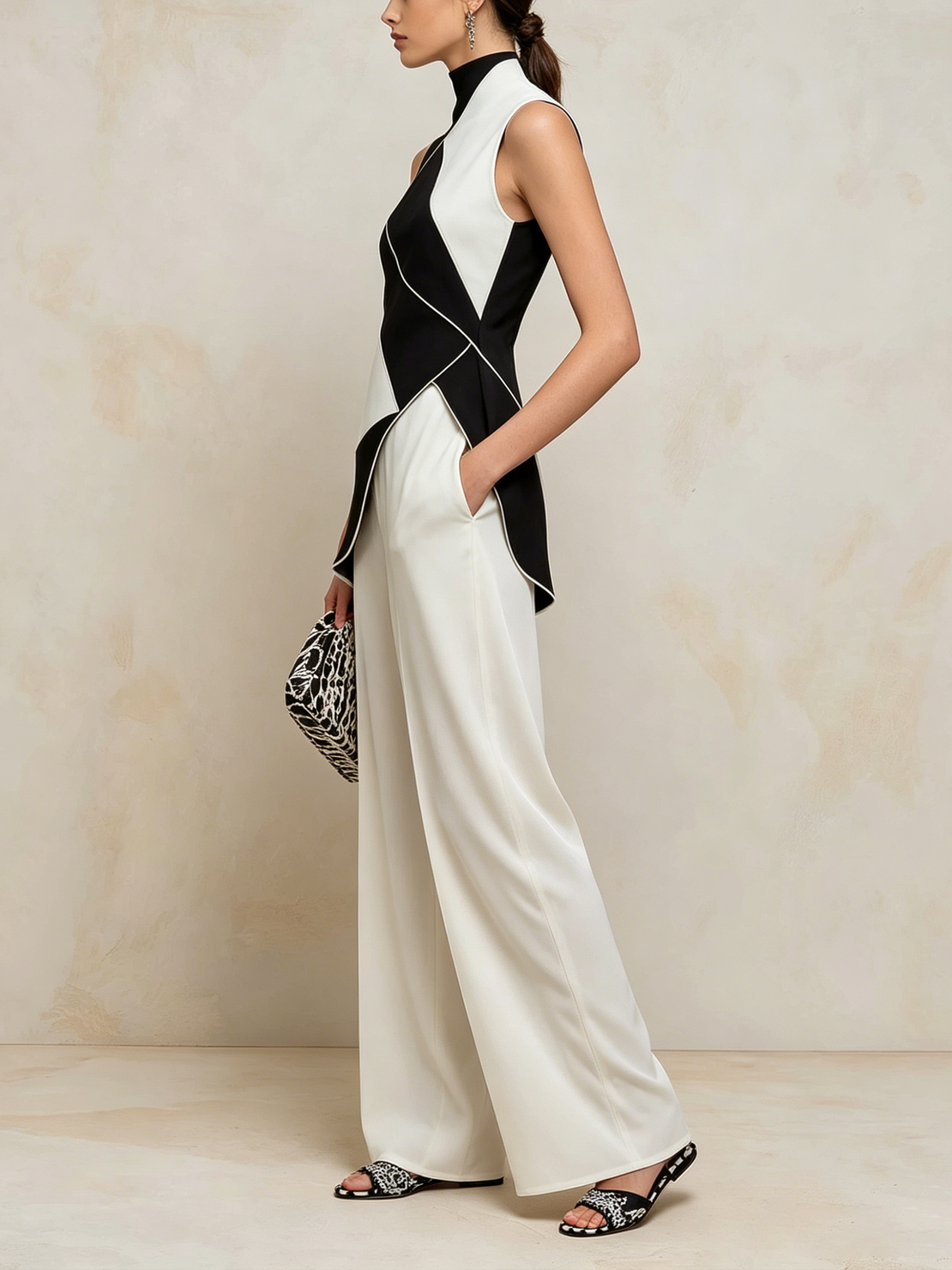 Women’s Black and White Modern Geometric Smooth High-Neck Sleeveless Relaxed Wide-Leg Pants Set